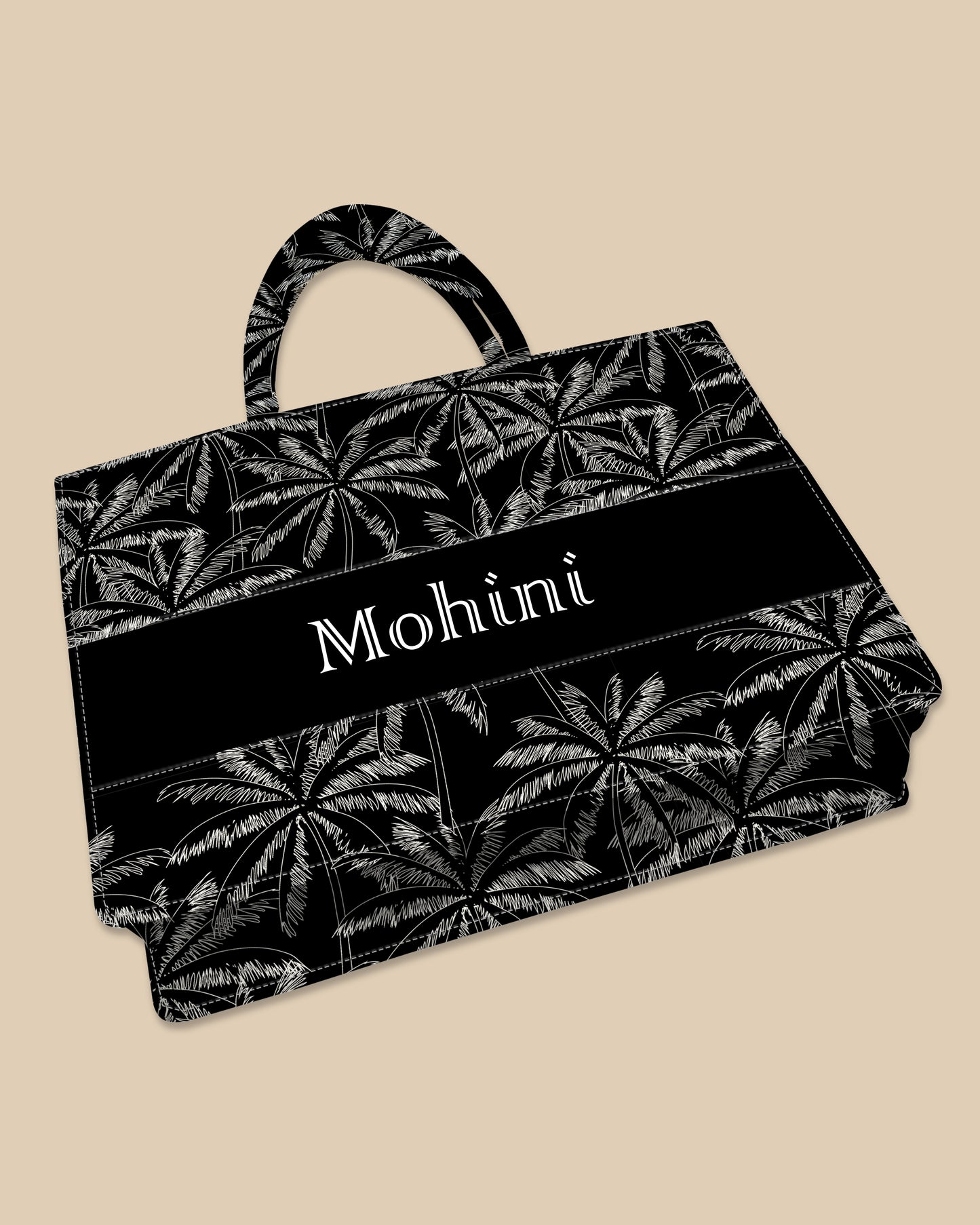 Customized Tote Bag Designed With Hand Drawn White Outline Palm Trees Pattern