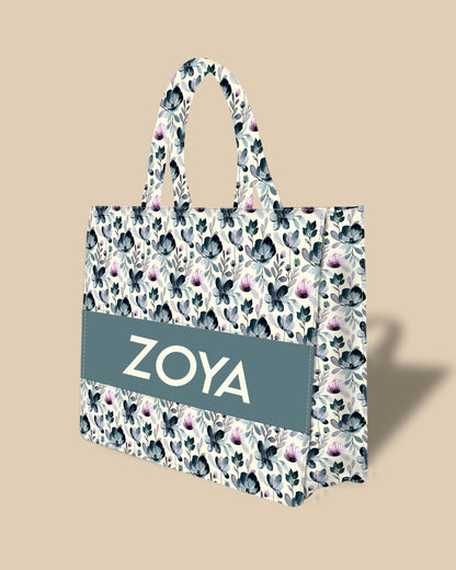 Customized Tote Bag  Designed With Indigo Watercolor Floral Pattern