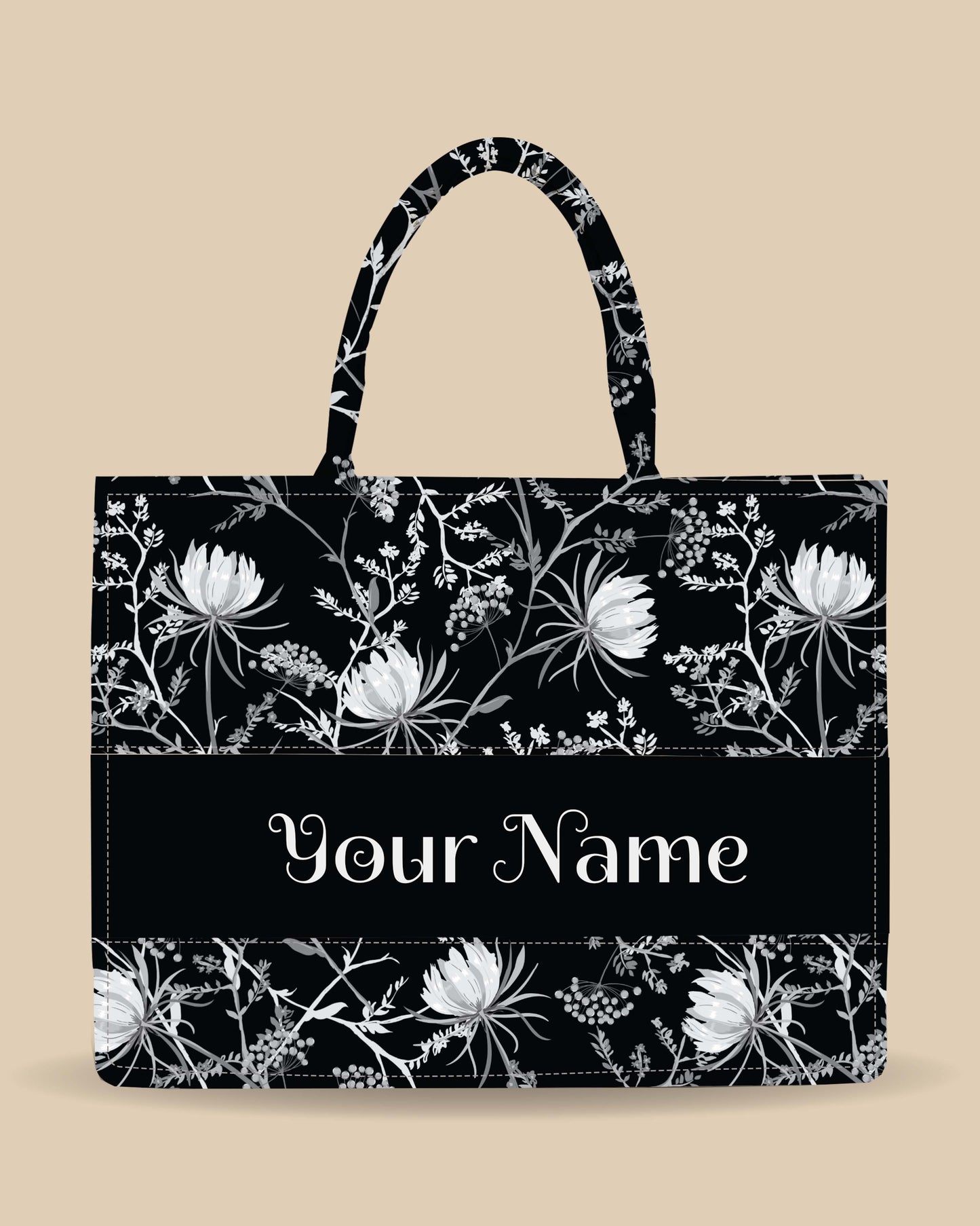 Customized Tote Bag  Designed with Black And White Oriental Blooming Flowers