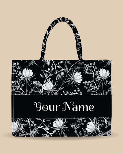 Customized Tote Bag  Designed with Black And White Oriental Blooming Flowers
