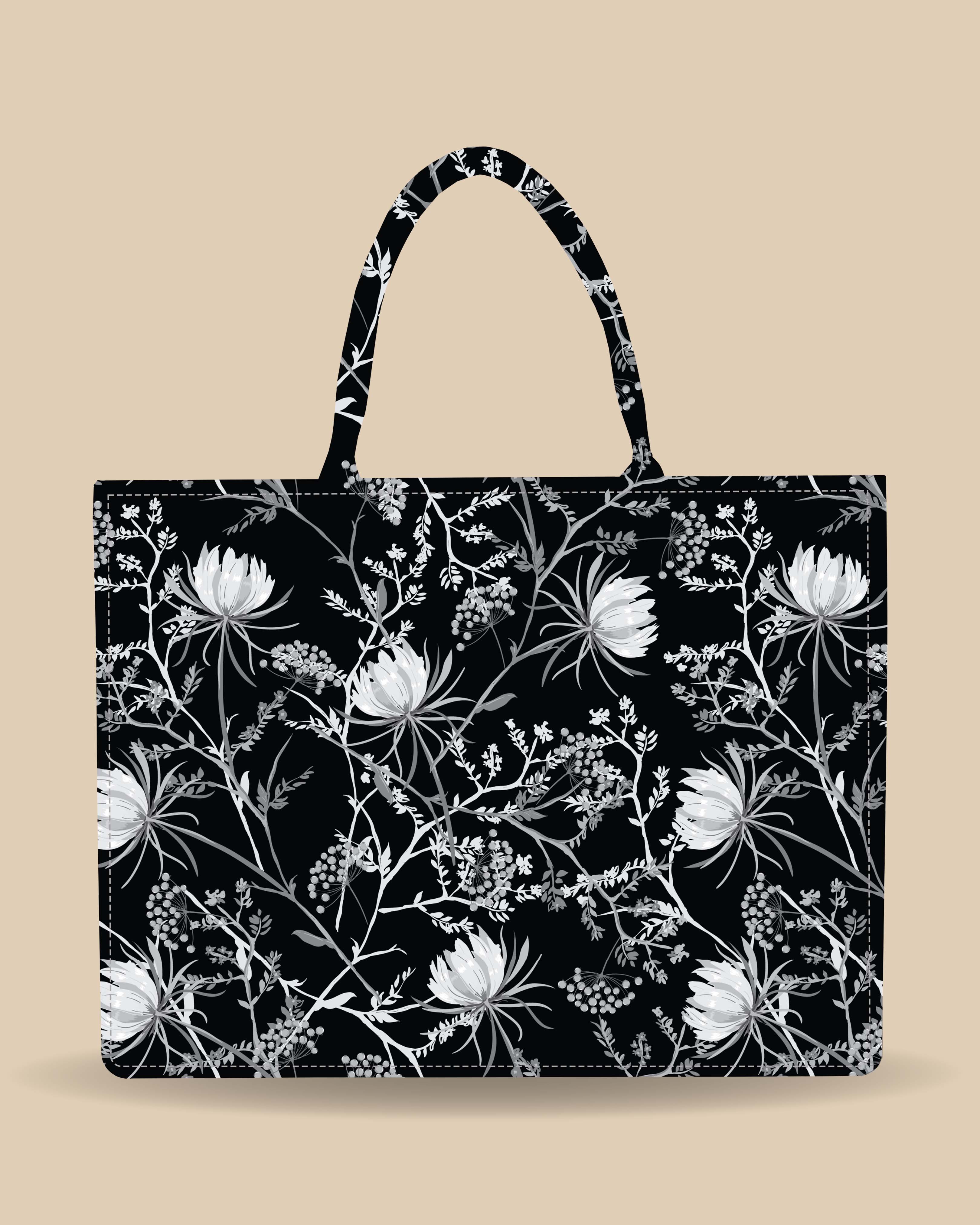 Customized Tote Bag  Designed with Black And White Oriental Blooming Flowers