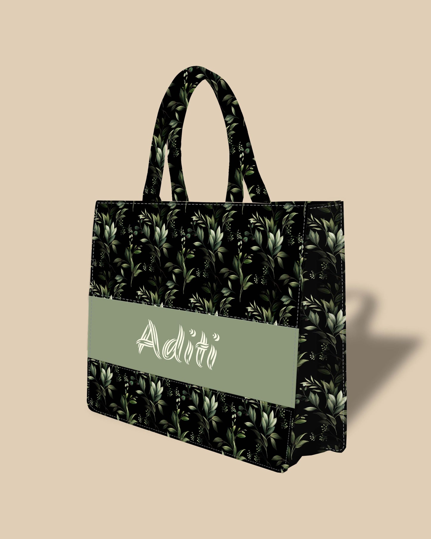 Customized Tote Bag  Designed with Black Boho Leaf