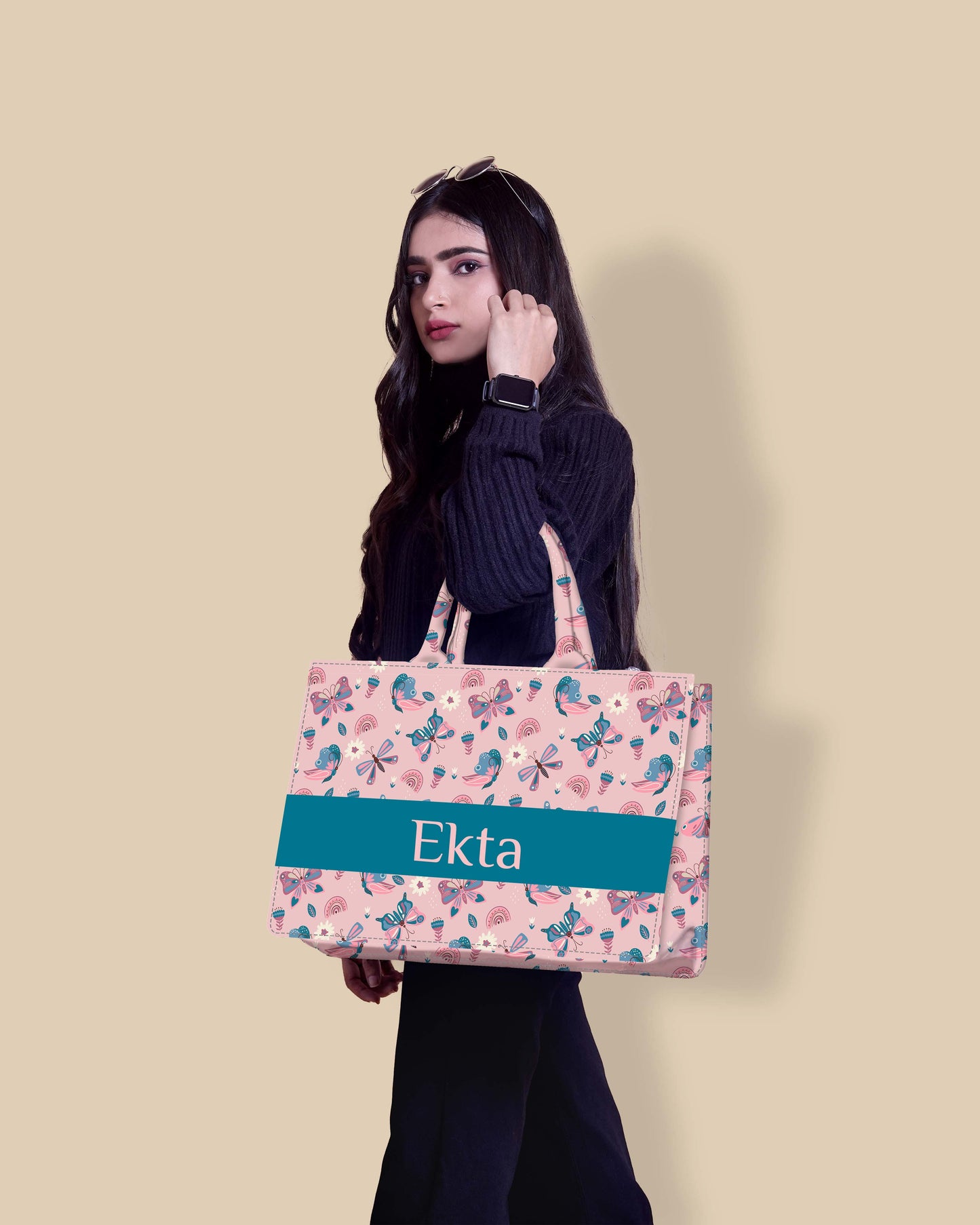 Customized Tote Bag Designed with Elegant Blues And Pink Butterflies