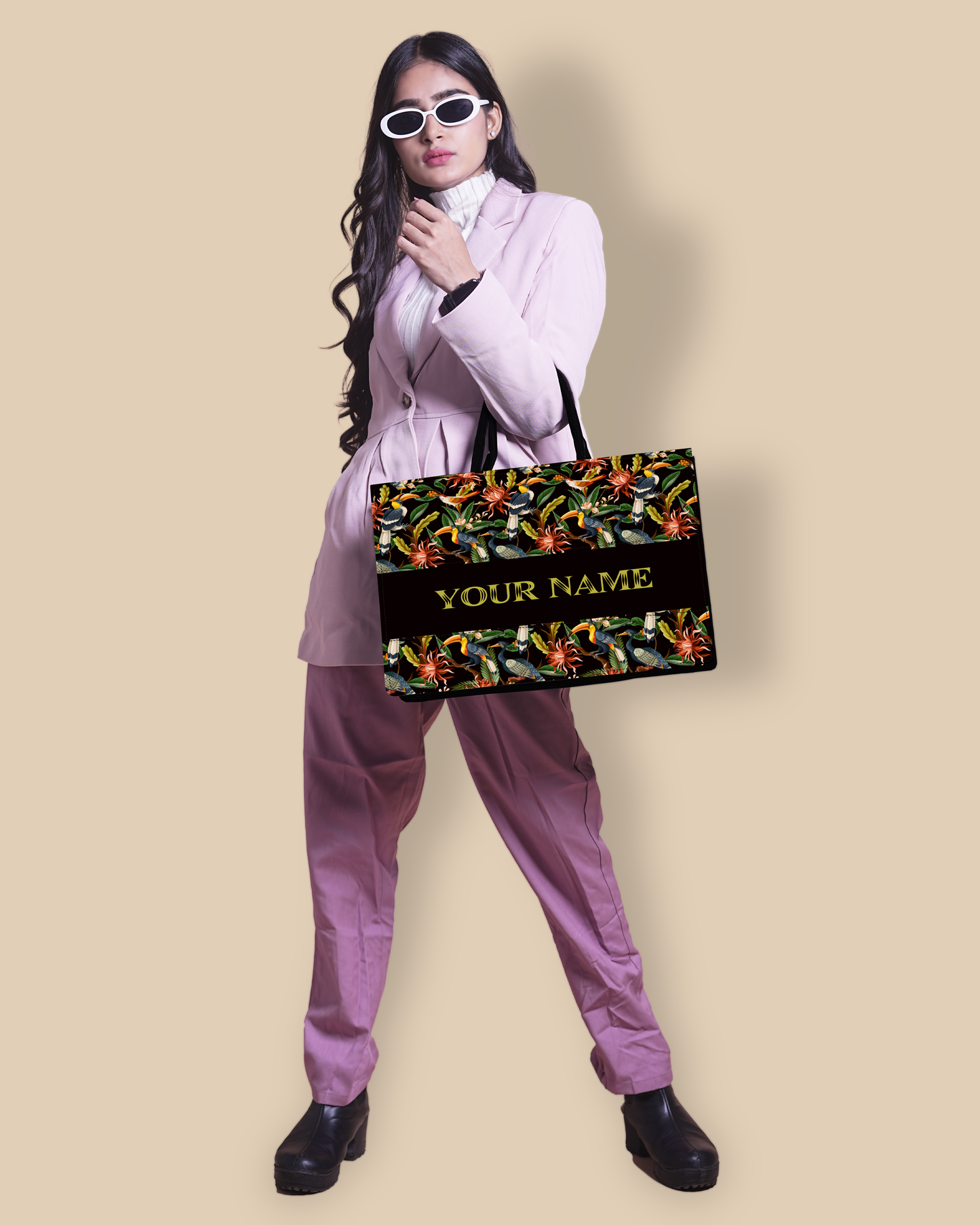 Customized Tote Bag Designed with Hornbill , Carens Birds And Tropical Flowers