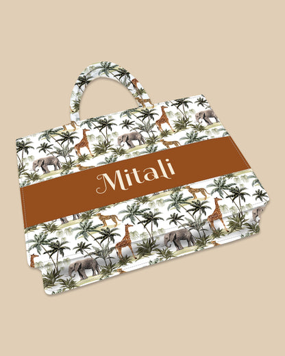 Customized Tote Bag Designed with Palm Trees, Leopard, Giraffe And Elephant