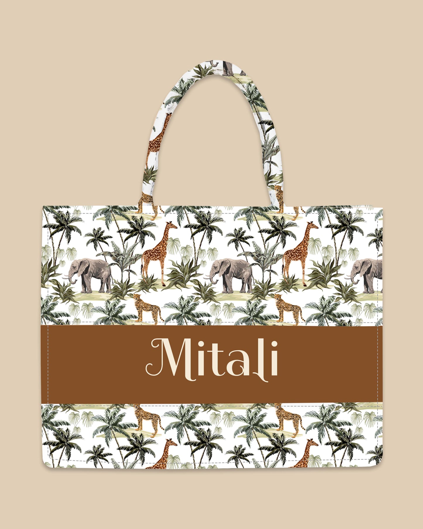Customized Tote Bag Designed with Palm Trees, Leopard, Giraffe And Elephant