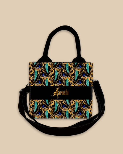 Customized Small Tote Bag Designed with Peacock Clutch Solid Black