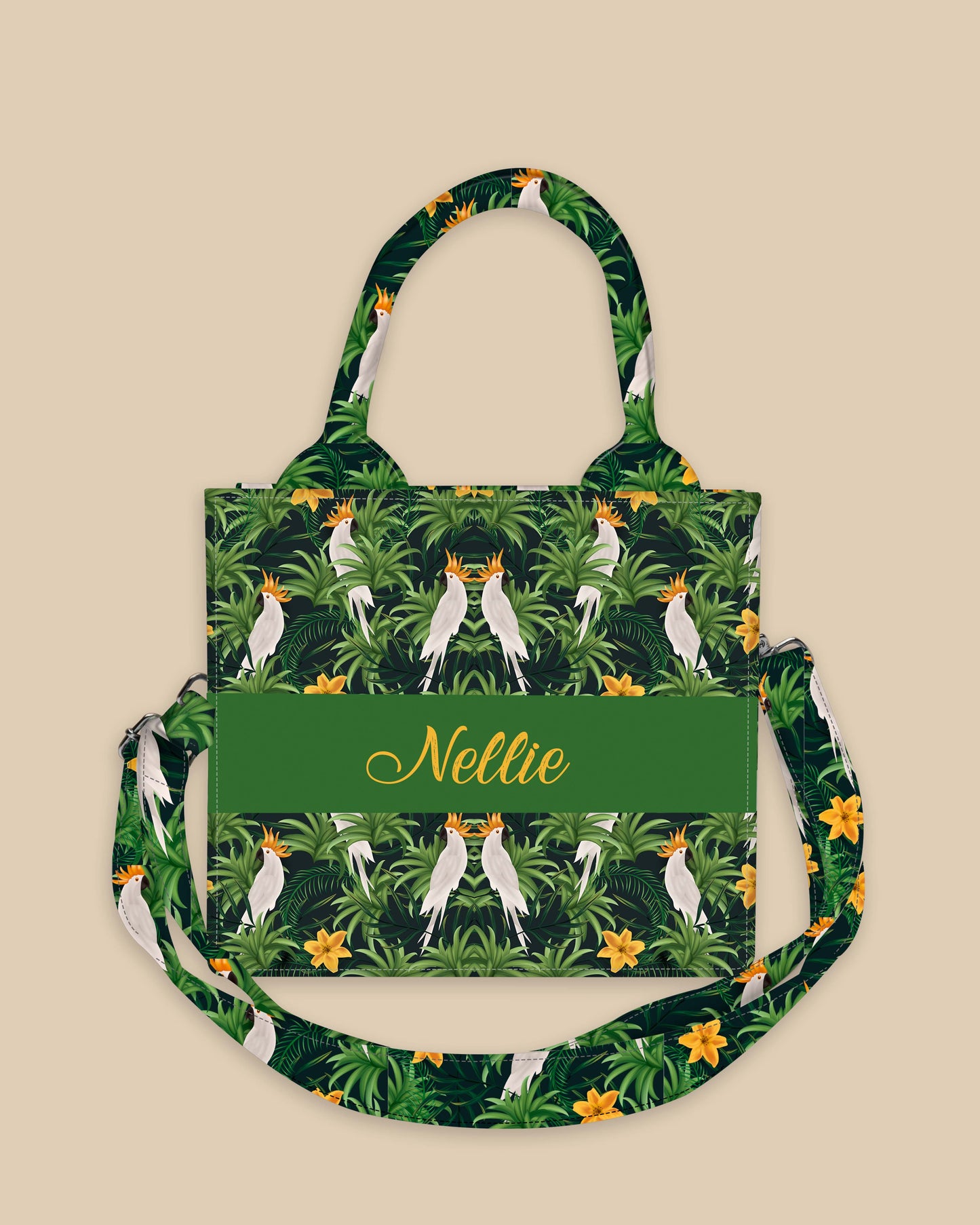Customized Small Tote Bag Designed With Realistic Tropical Leaves And Cockatoo Bird
