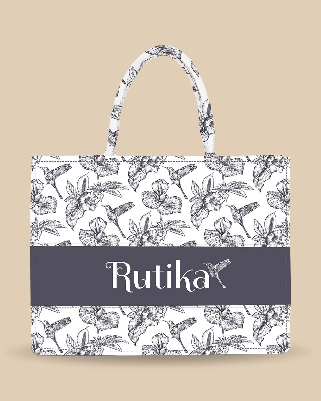 Customized Tote Bag Designed with Hummingbird And palm monstera exotic leaves