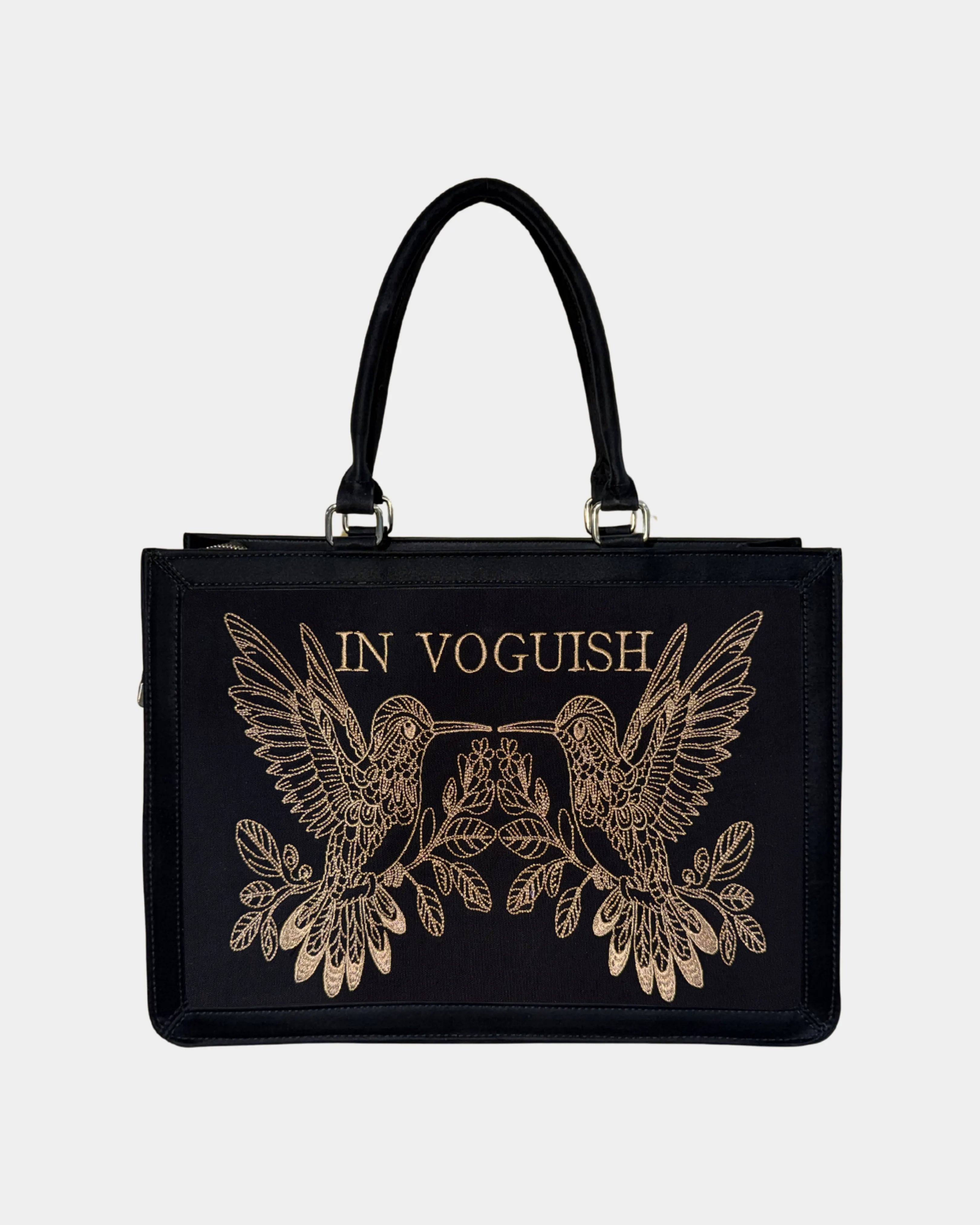 Midnight Hummingbird Personalized Embroidered Tote Bag – Suede Feel Finish with Premium Golden Thread Work