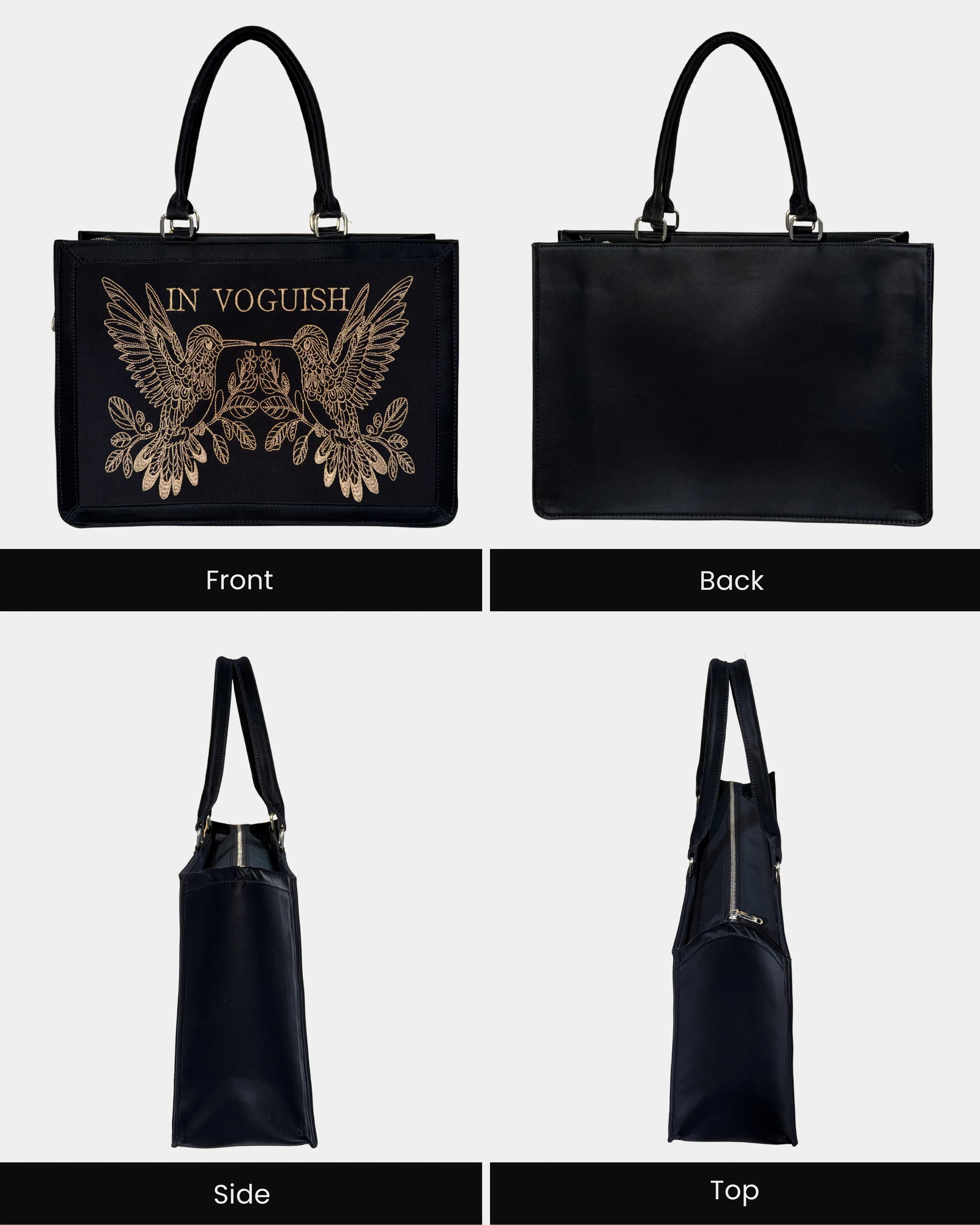 Midnight Hummingbird Personalized Embroidered Tote Bag – Suede Feel Finish with Premium Golden Thread Work