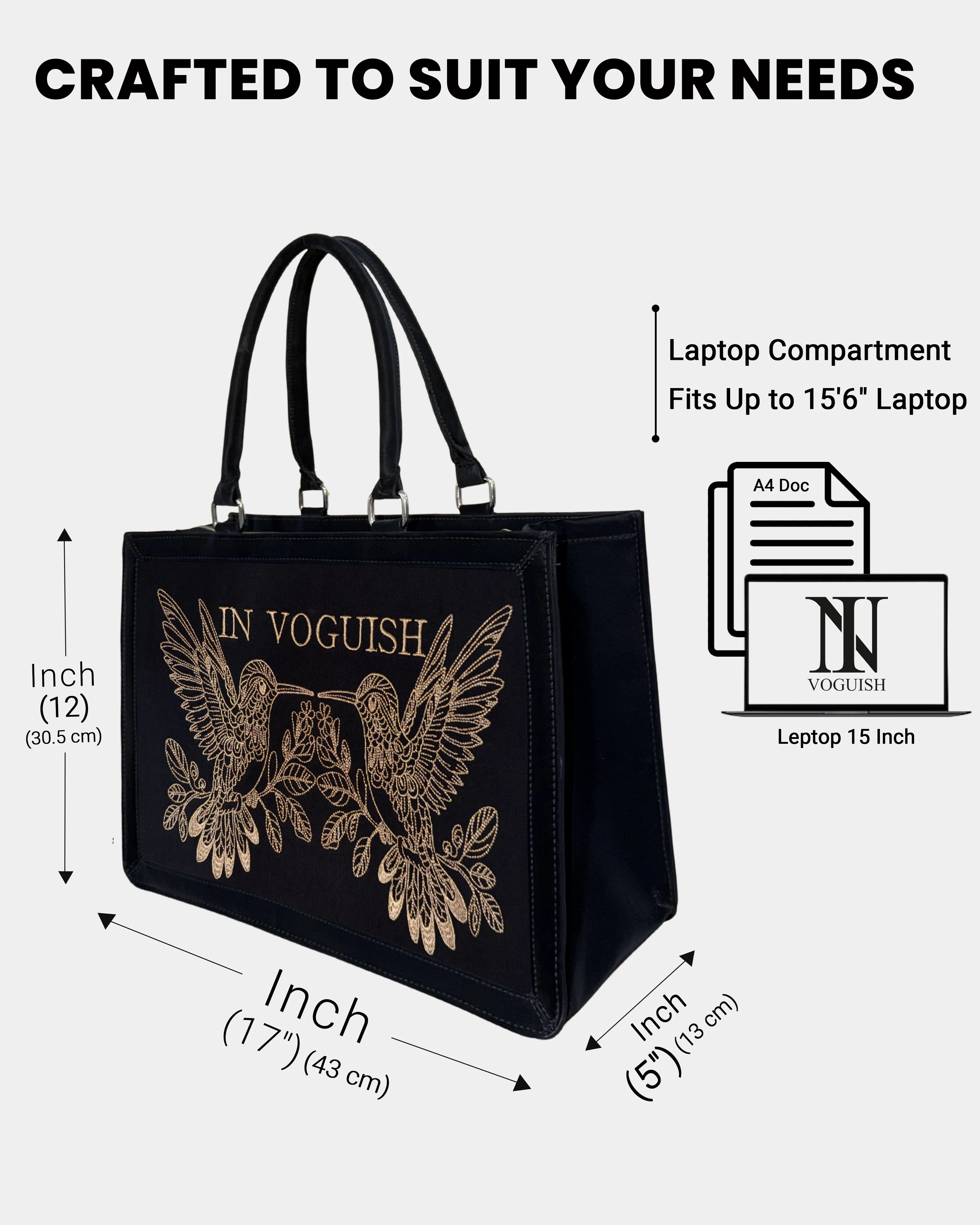 Midnight Hummingbird Personalized Embroidered Tote Bag – Suede Feel Finish with Premium Golden Thread Work