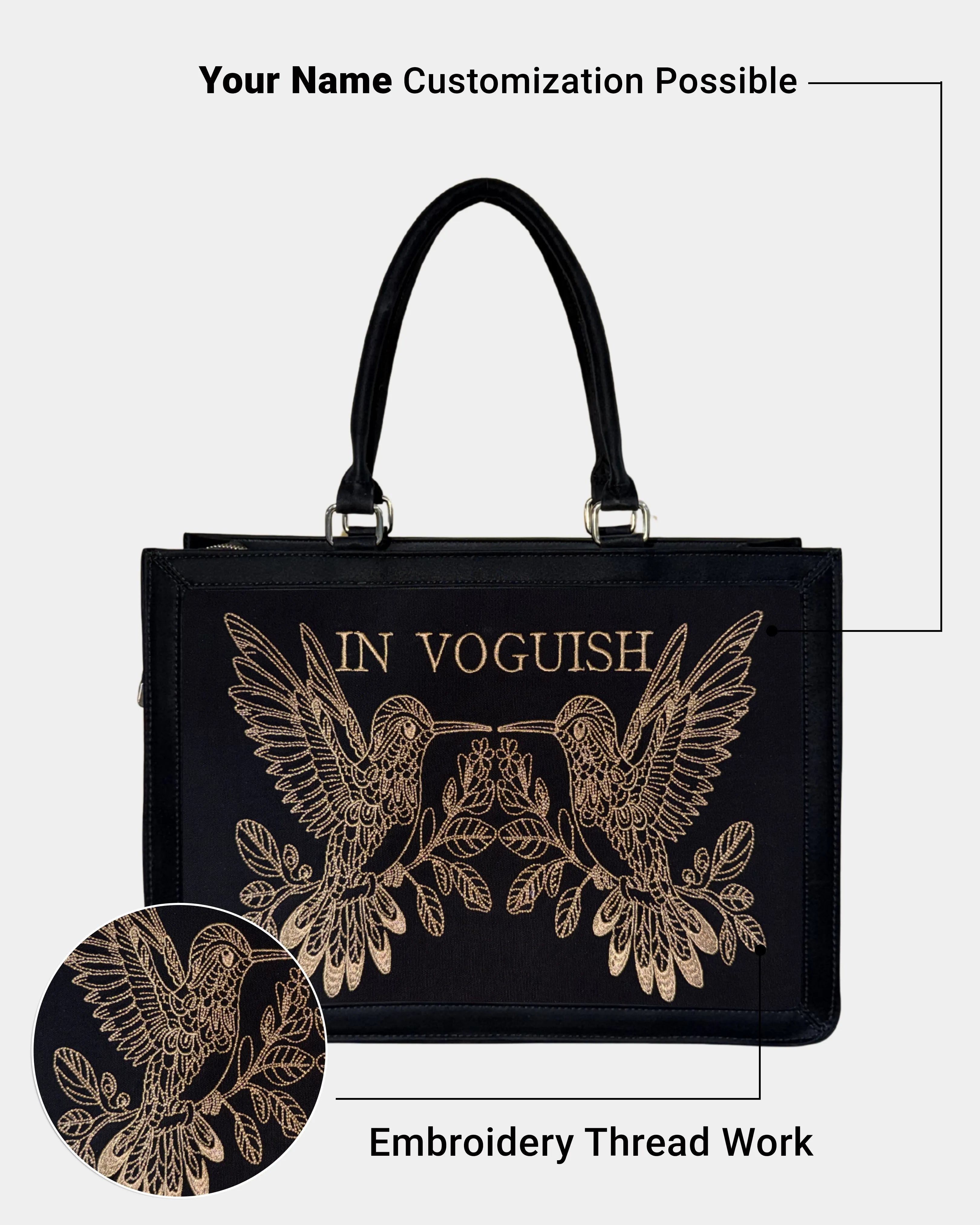 Midnight Hummingbird Personalized Embroidered Tote Bag – Suede Feel Finish with Premium Golden Thread Work