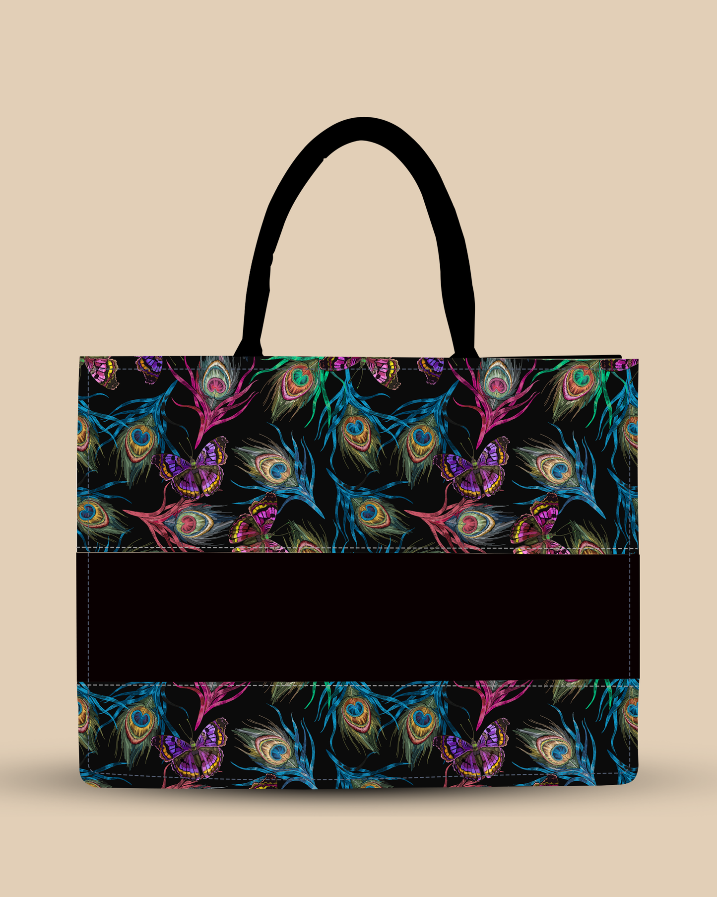 Customized Tote Bag Designed With Colourful Peacock Feather And Flying Butterflies Pattern