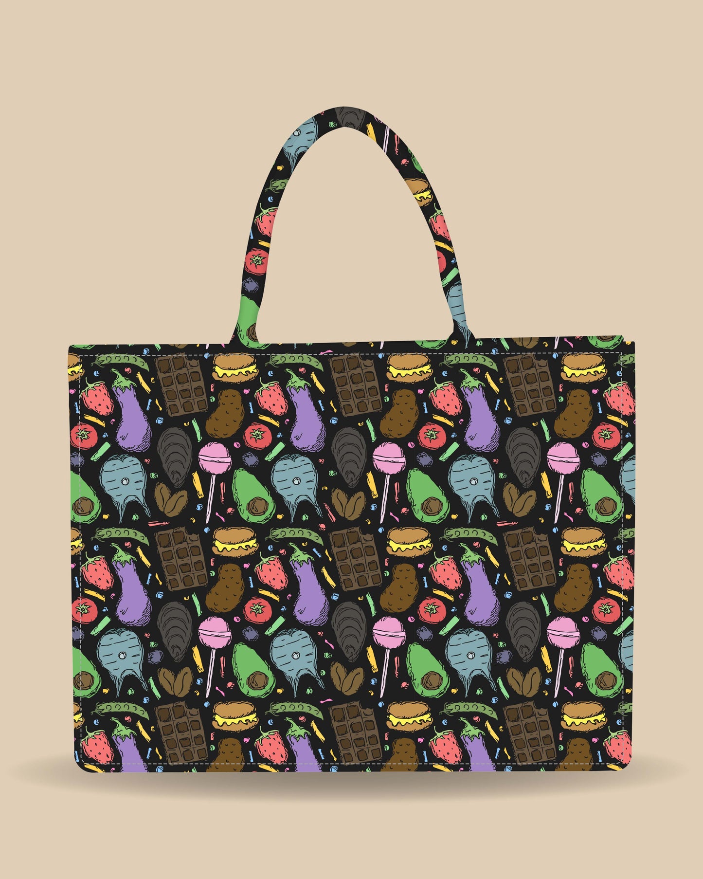 Tote Bag Designed With Cartoon Food Pattern