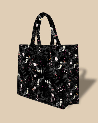 Tote Bag Designed with Dark Leaves Botanical Flowers