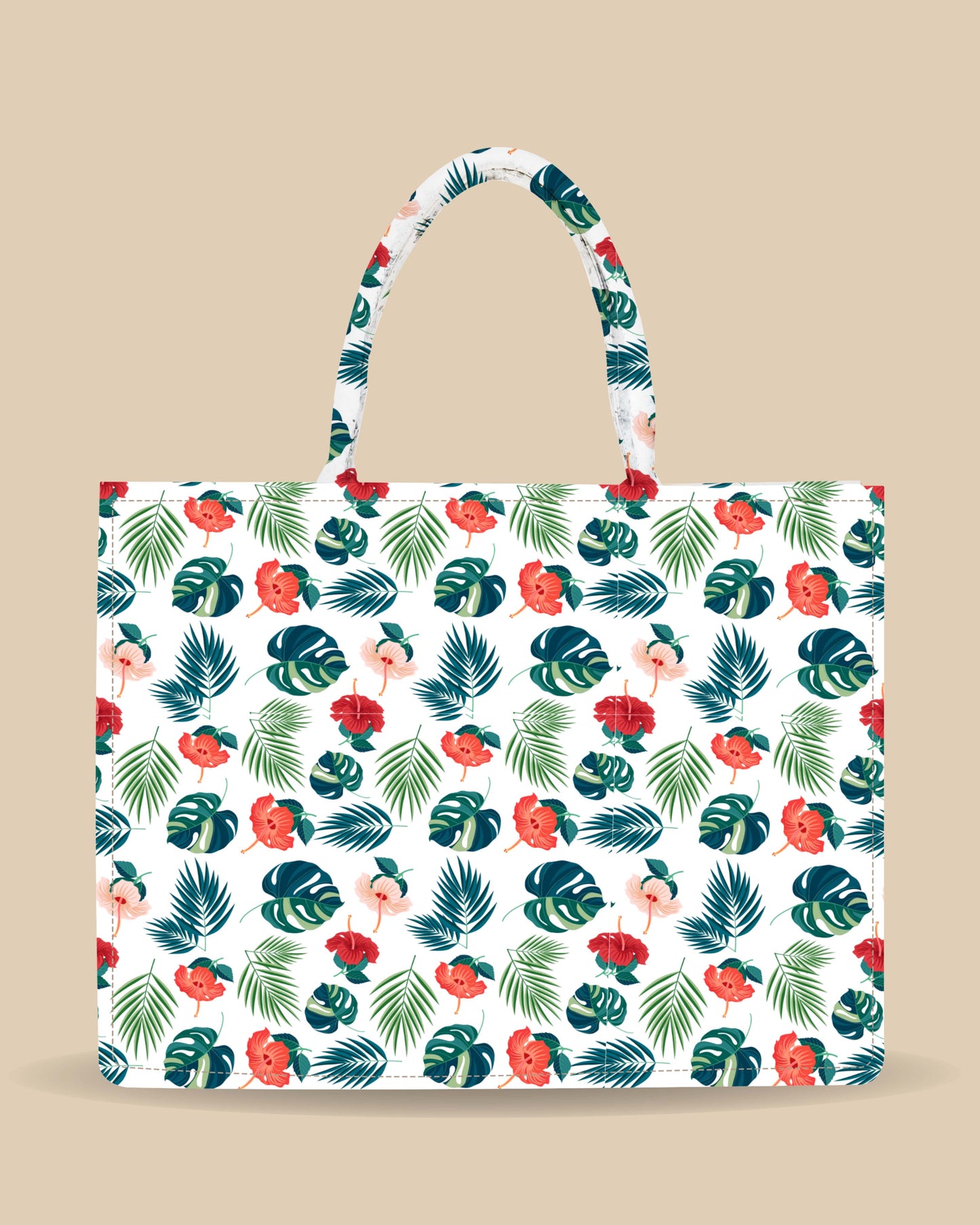 Tote Bag Designed with Exotic tropical leaves Monstera Palm And Flowers Hibiscus