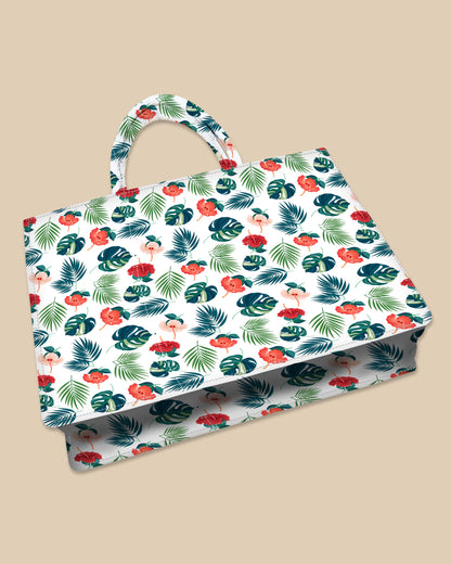 Tote Bag Designed with Exotic tropical leaves Monstera Palm And Flowers Hibiscus