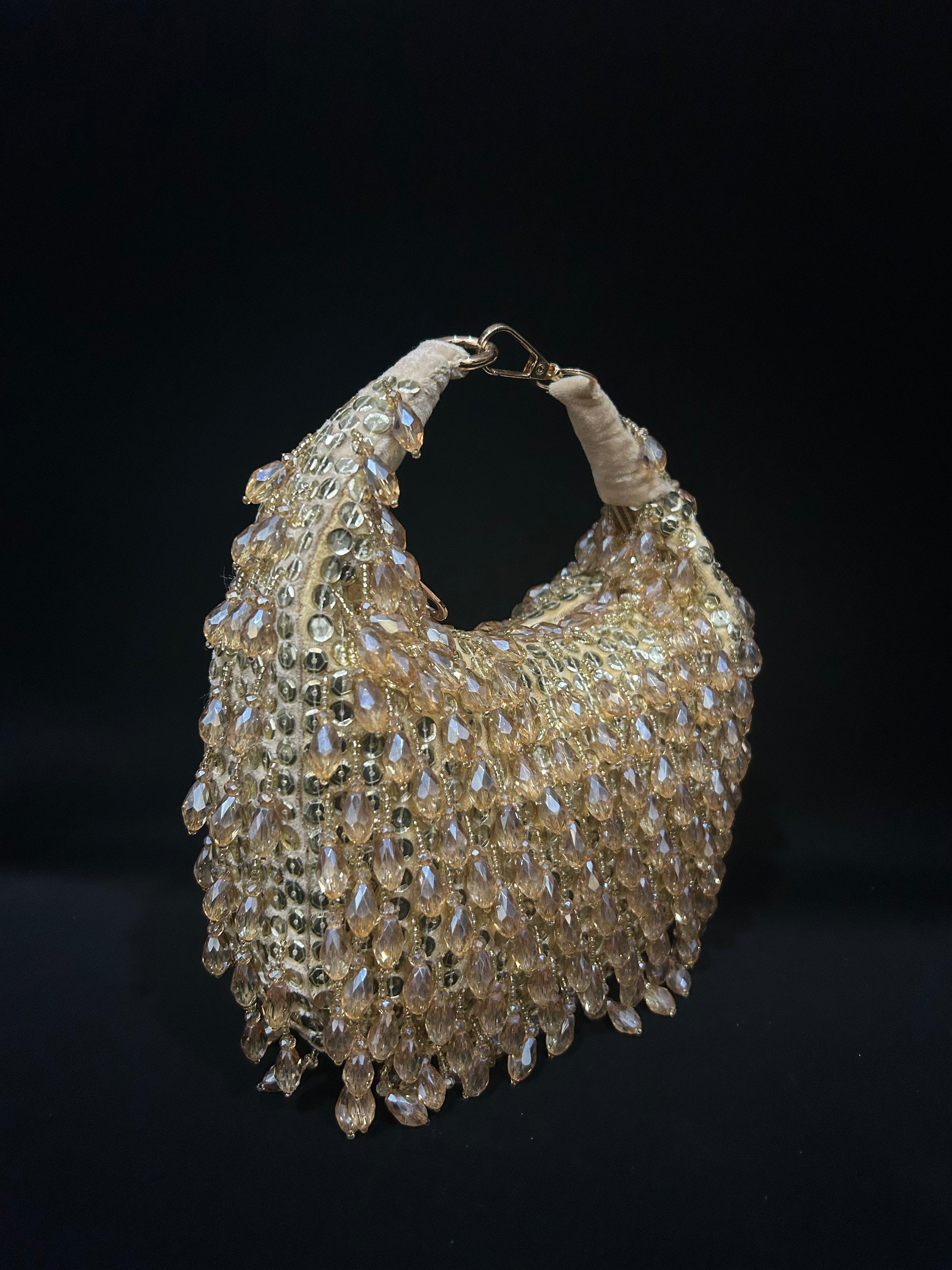 Champagne Glow Crystal Beaded Hobo Clutch