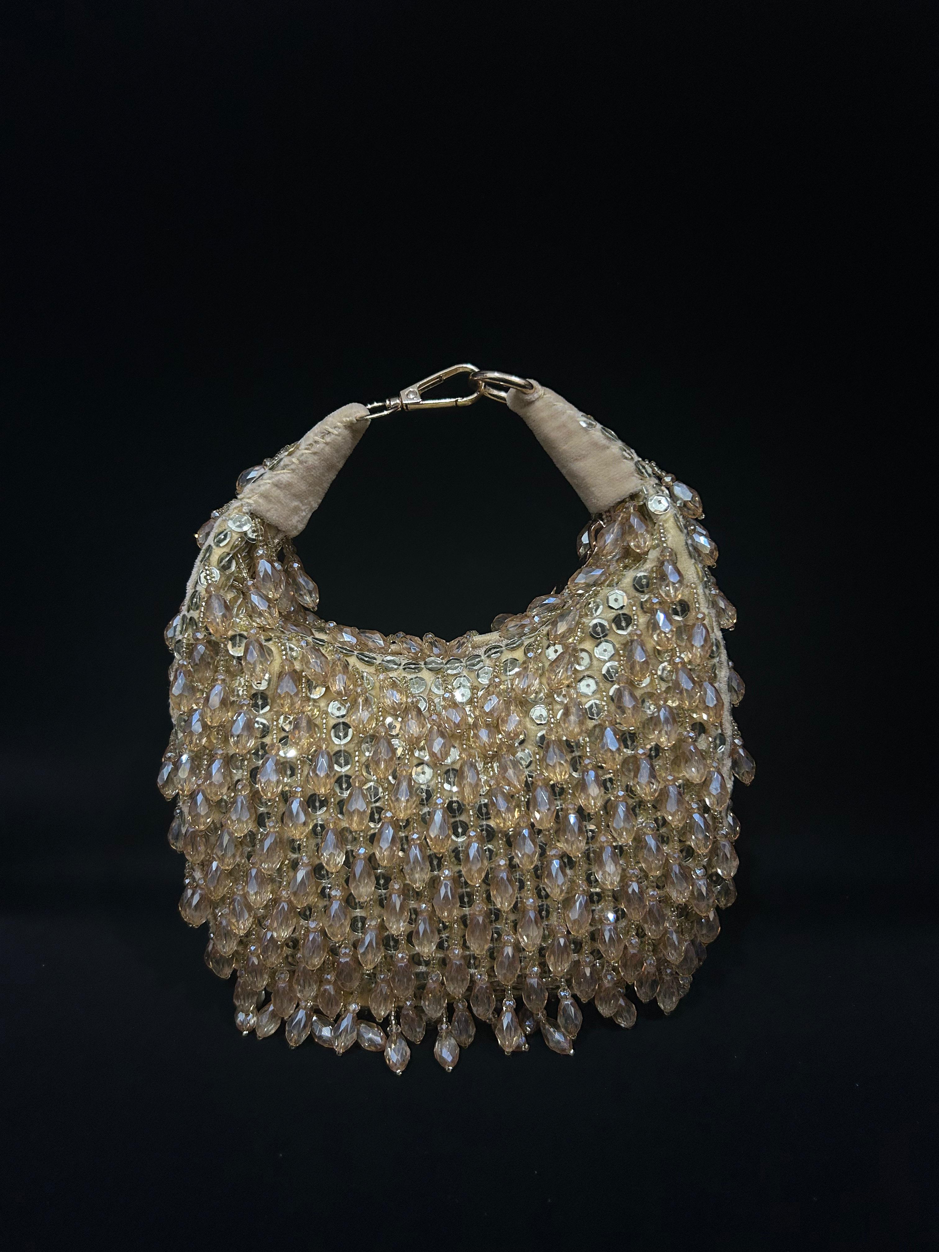 Champagne Glow Crystal Beaded Hobo Clutch