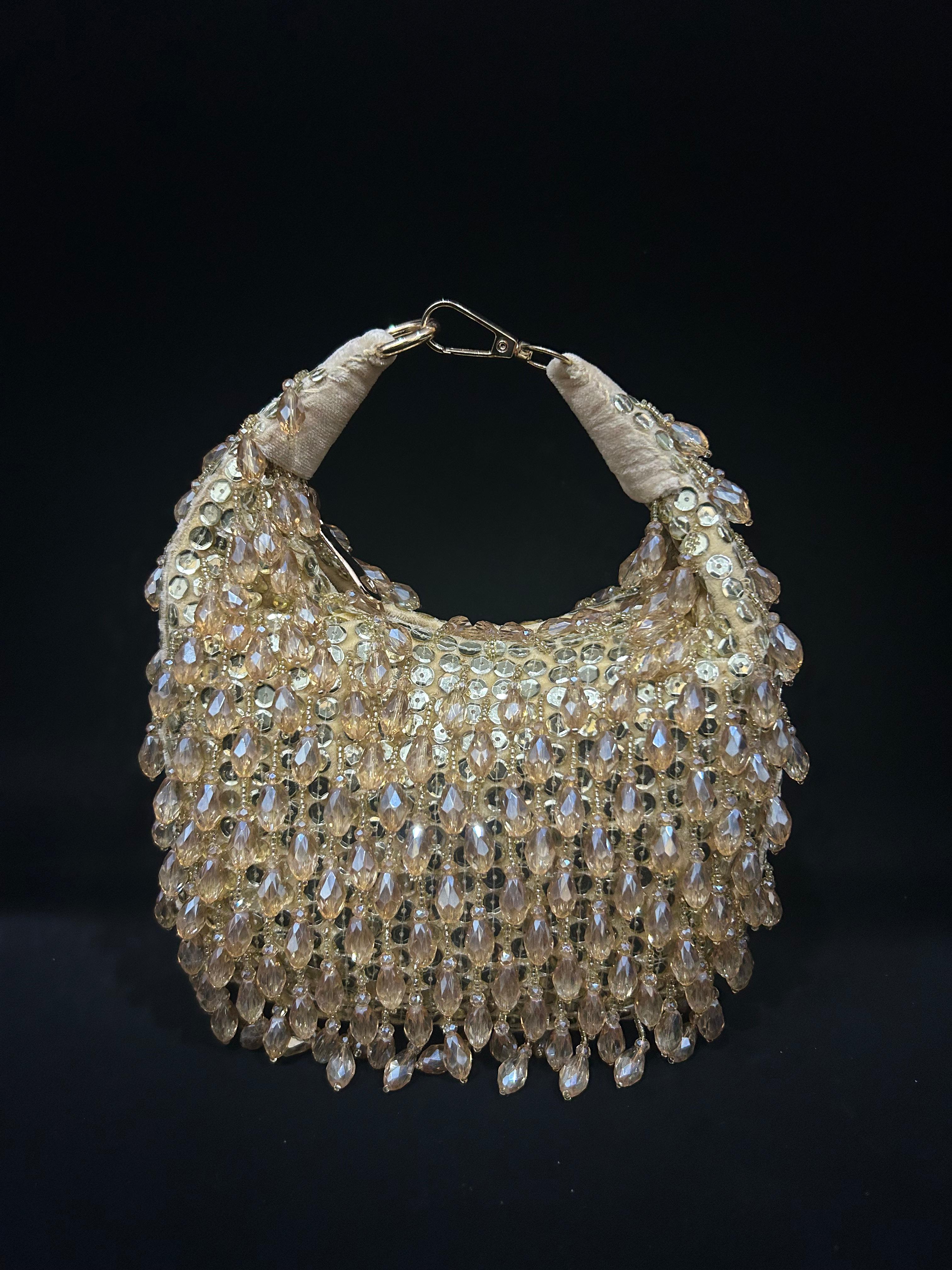 Champagne Glow Crystal Beaded Hobo Clutch