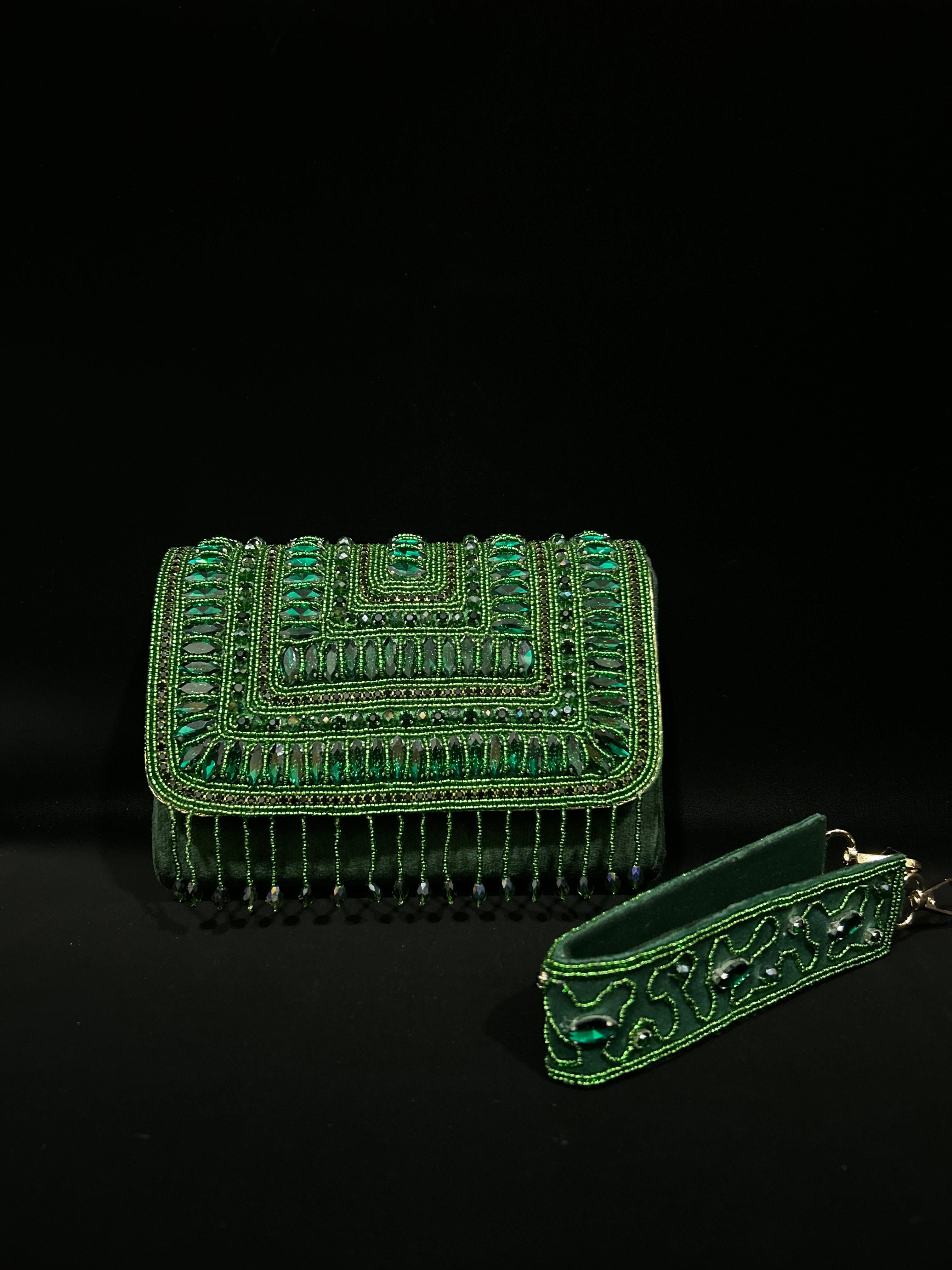 Emerald Envy Luxe Embellished Fringe Clutch