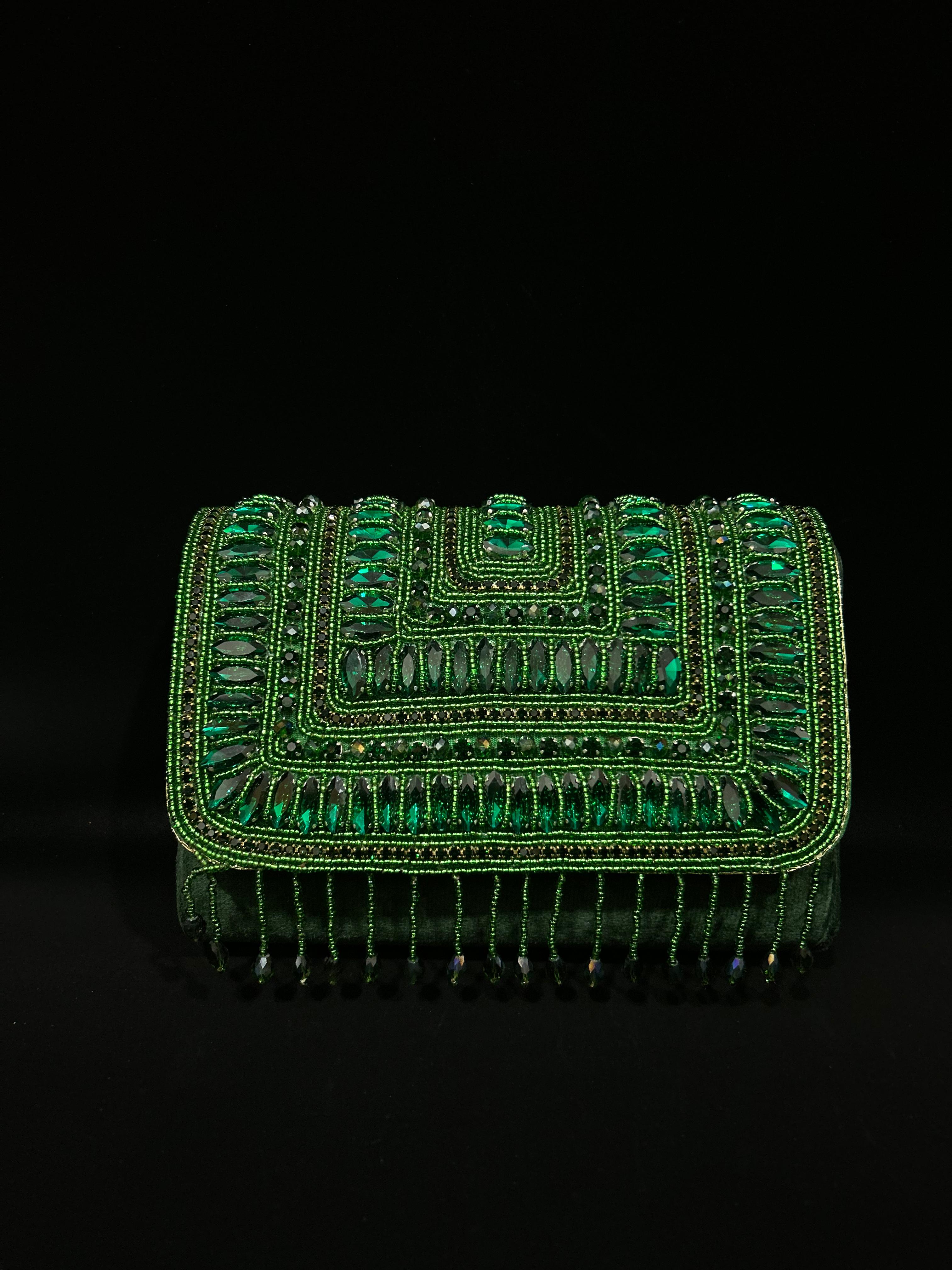 Emerald Envy Luxe Embellished Fringe Clutch