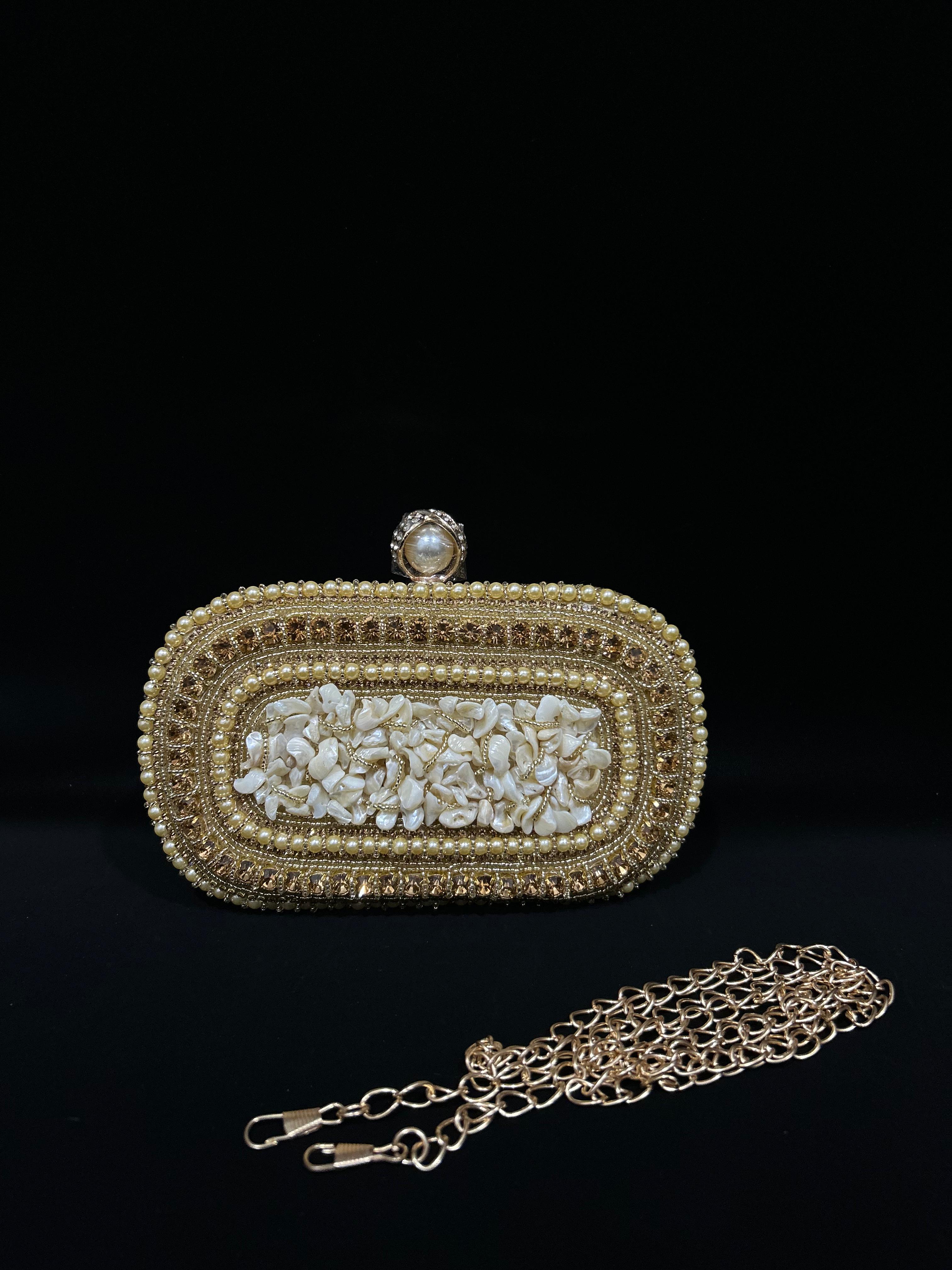 Luxe Pearl & Gold Embellished Evening Clutch