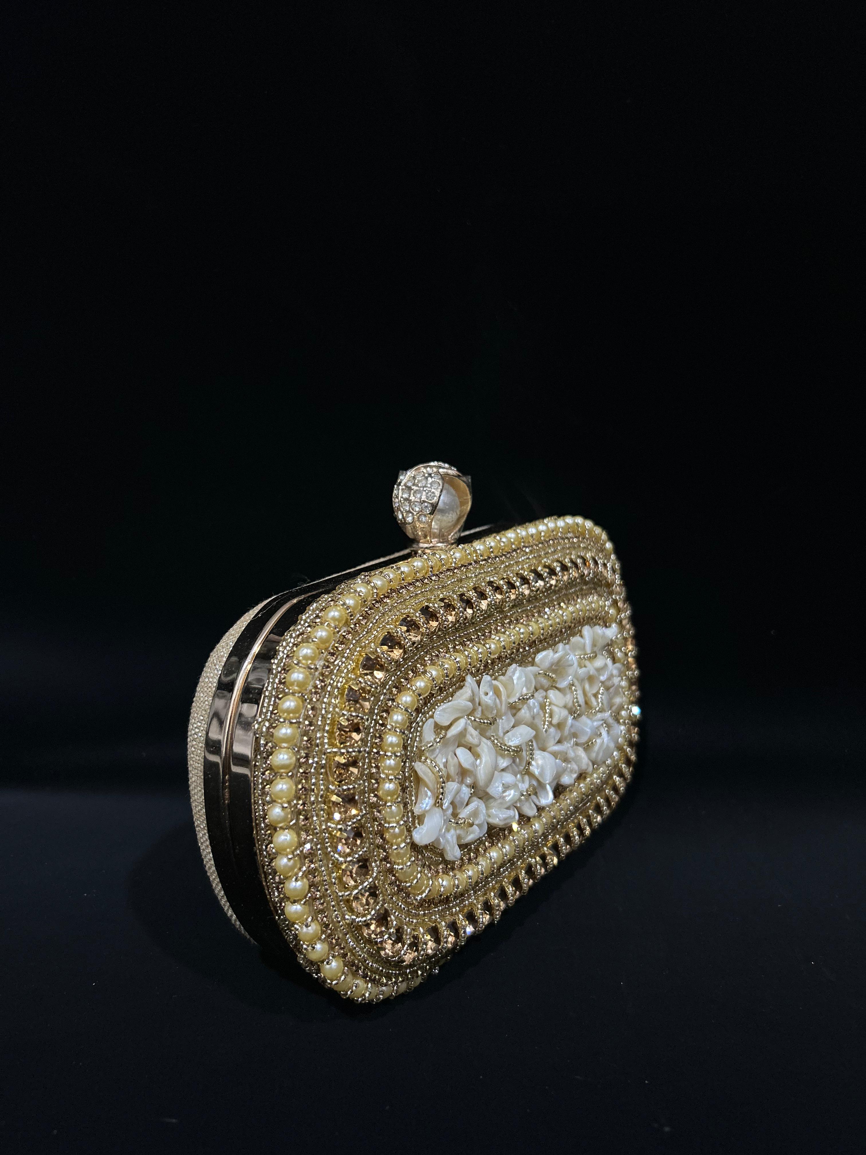 Luxe Pearl & Gold Embellished Evening Clutch