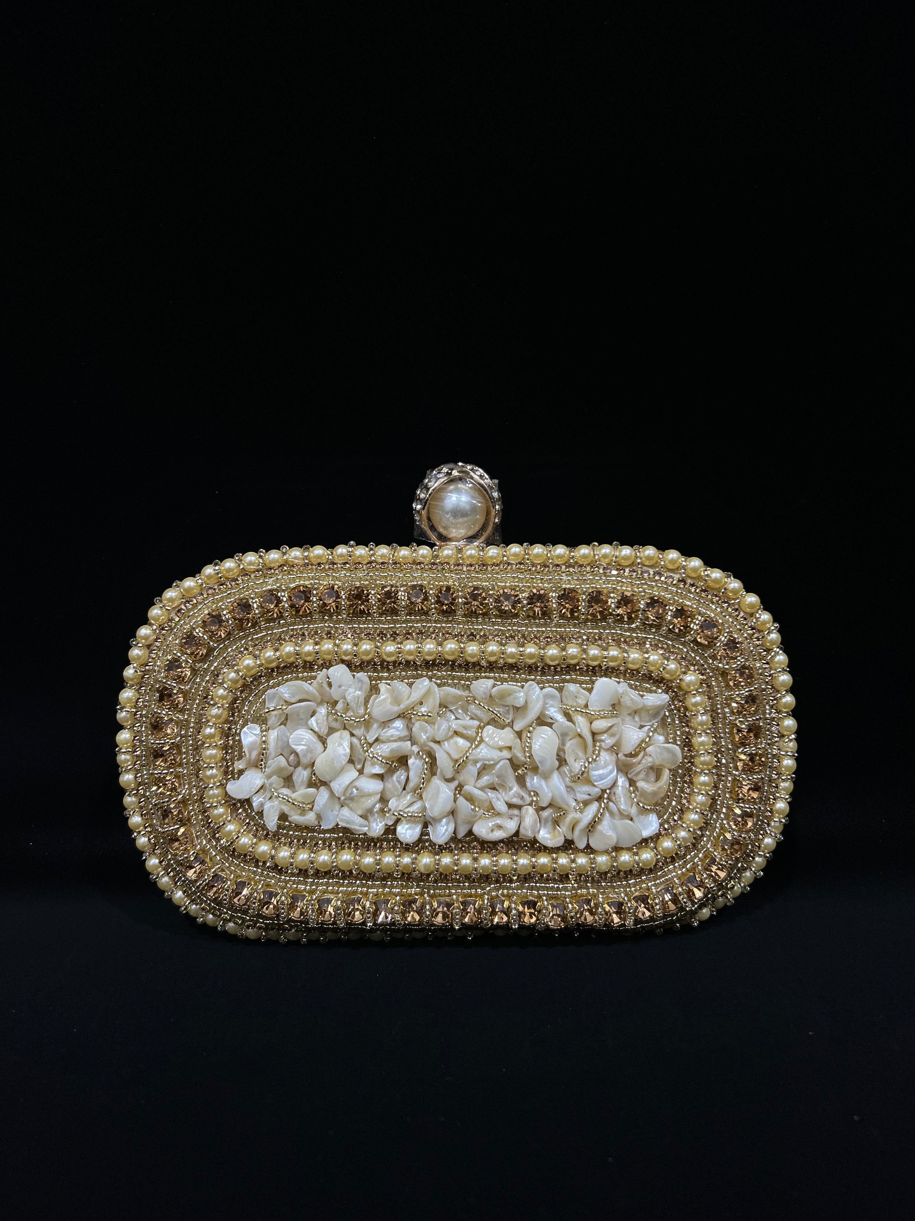 Luxe Pearl & Gold Embellished Evening Clutch