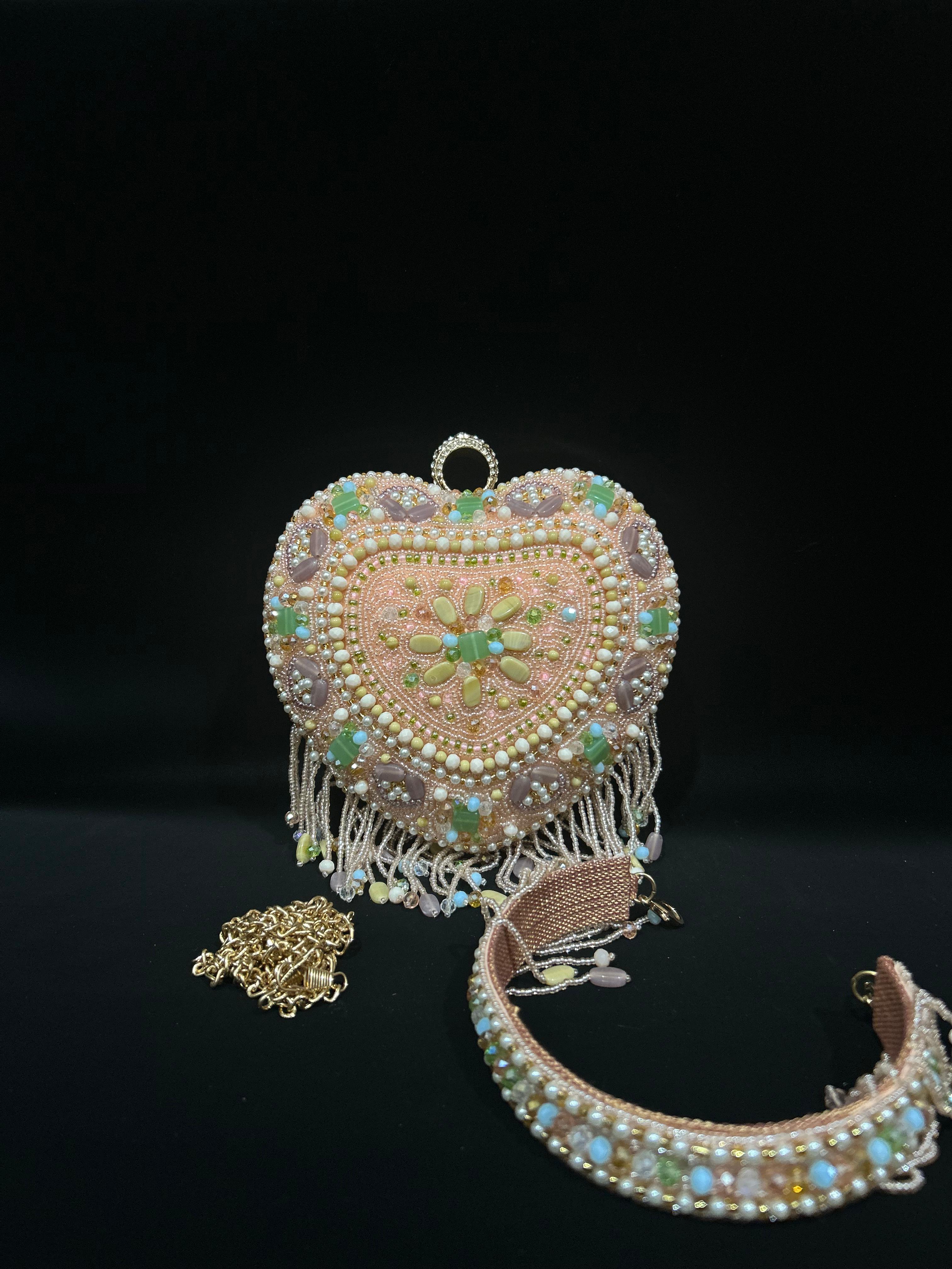 Peach Blossom Heart Beaded Handbag with Crystal Tassels
