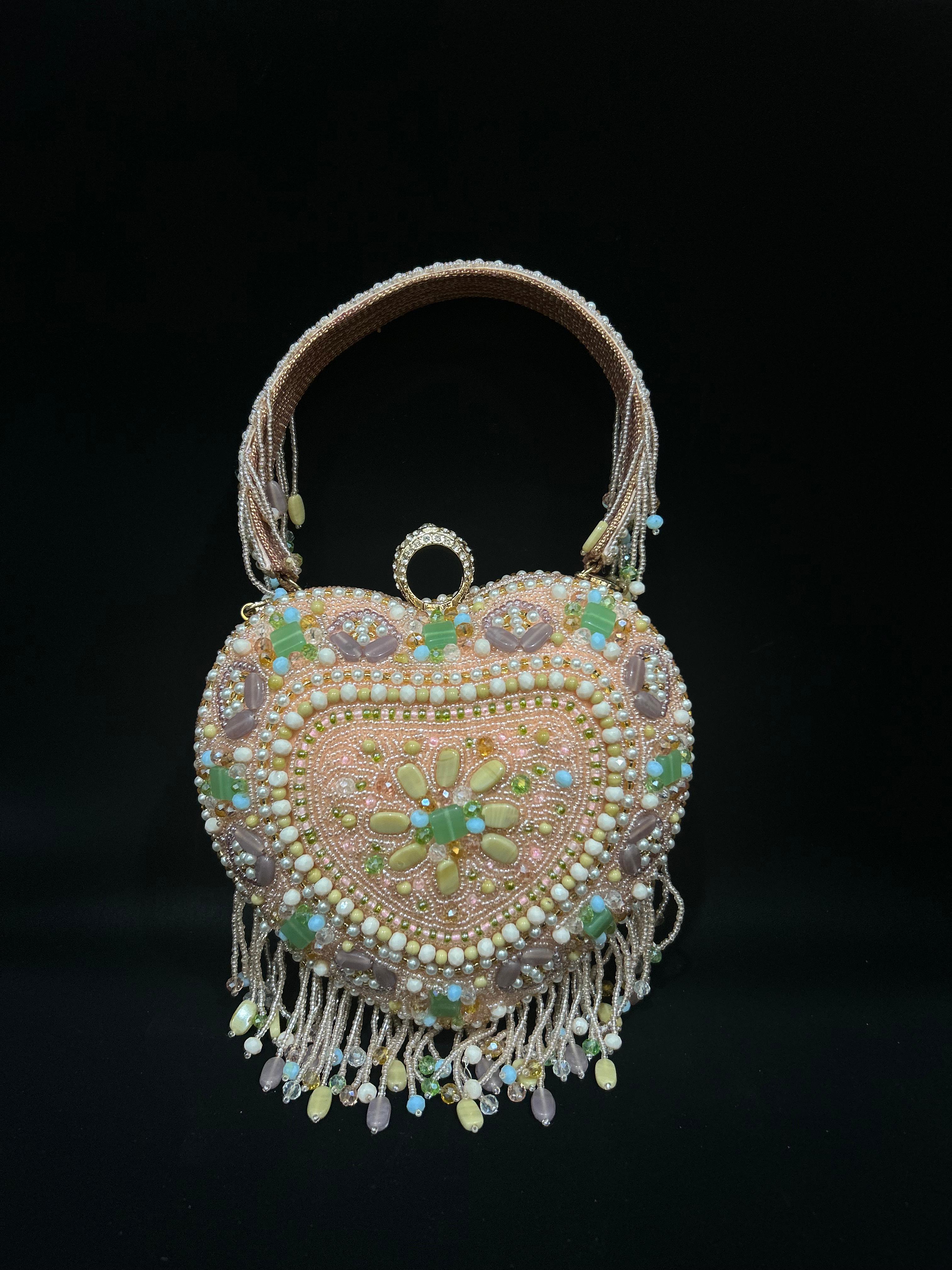 Peach Blossom Heart Beaded Handbag with Crystal Tassels