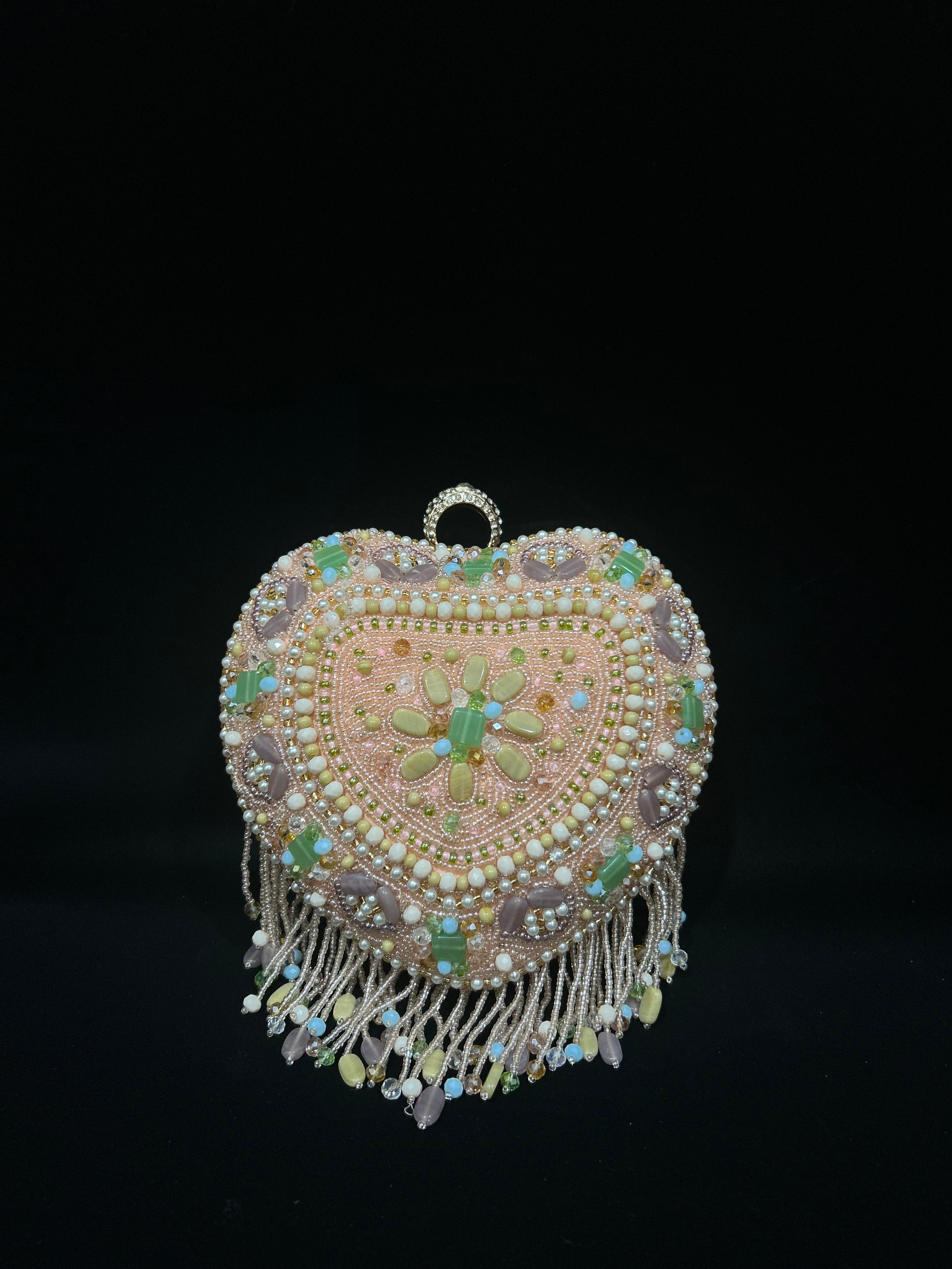 Peach Blossom Heart Beaded Handbag with Crystal Tassels