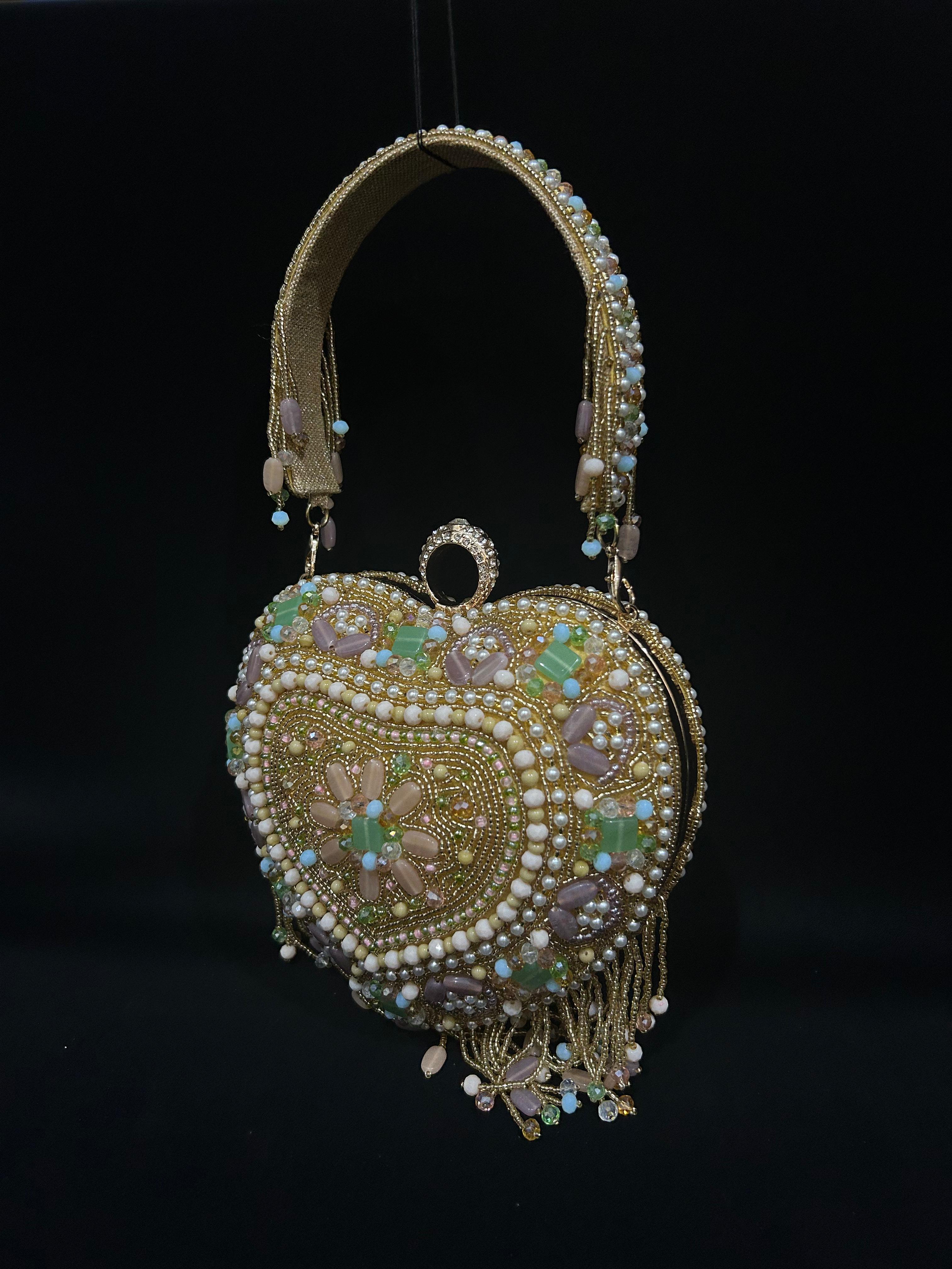 Pastel Heart Jewel Beaded Handbag with Tassels