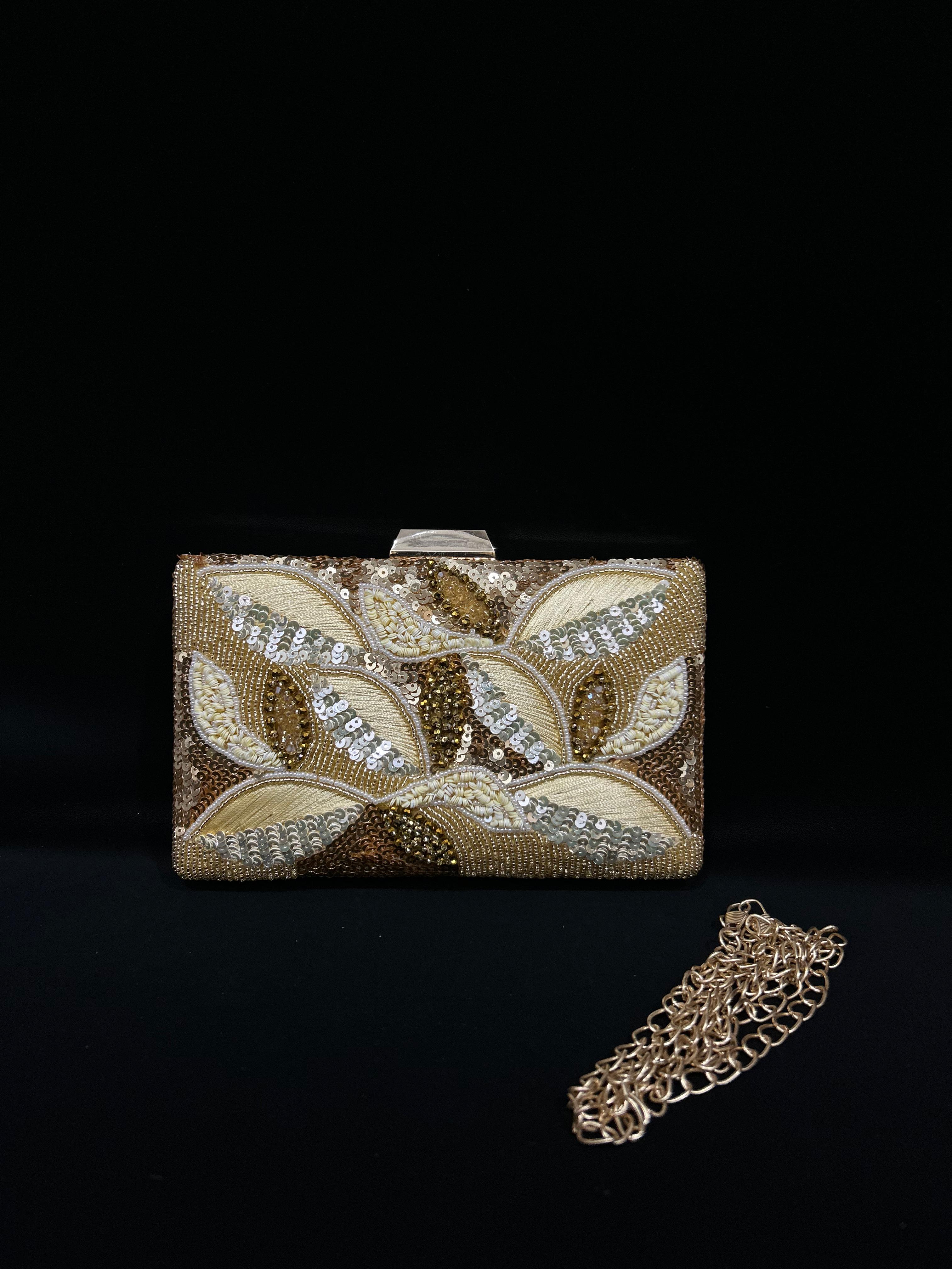 Golden Leaf Hand-Embroidered Sequin Clutch