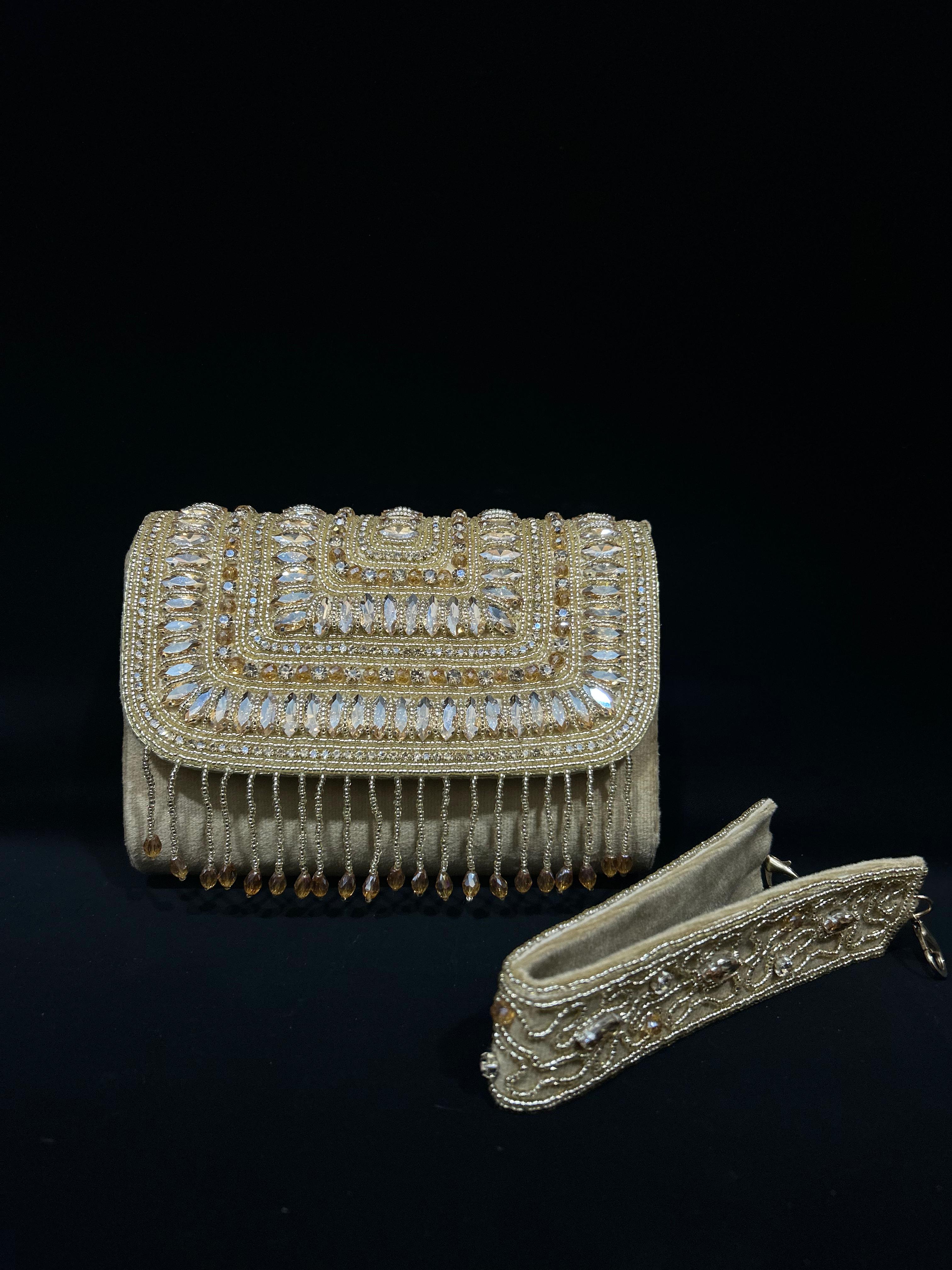 Amber Royale Embellished Velvet Fringe Clutch
