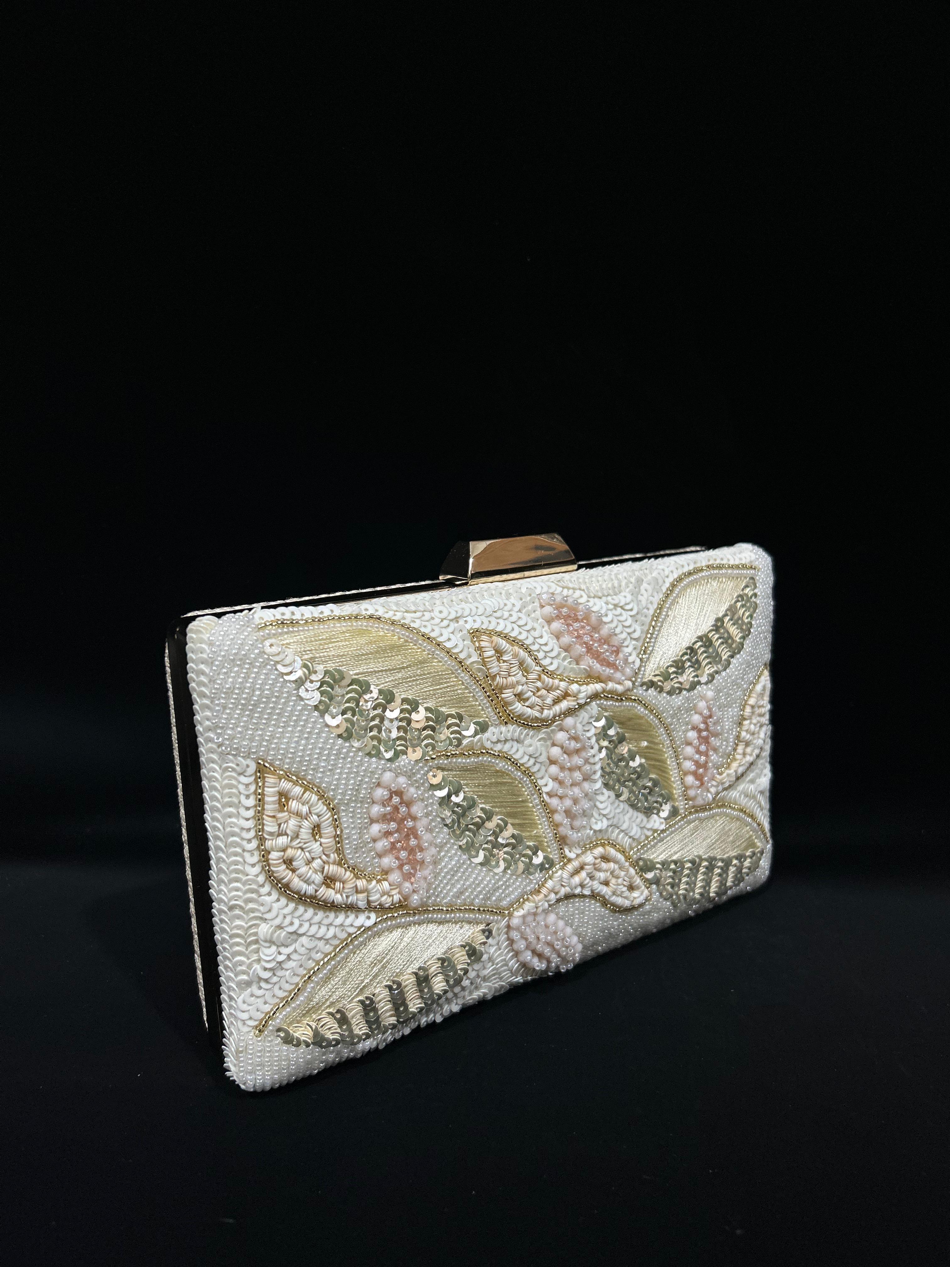 Blush & Ivory Leaf Embroidered Pearl Clutch