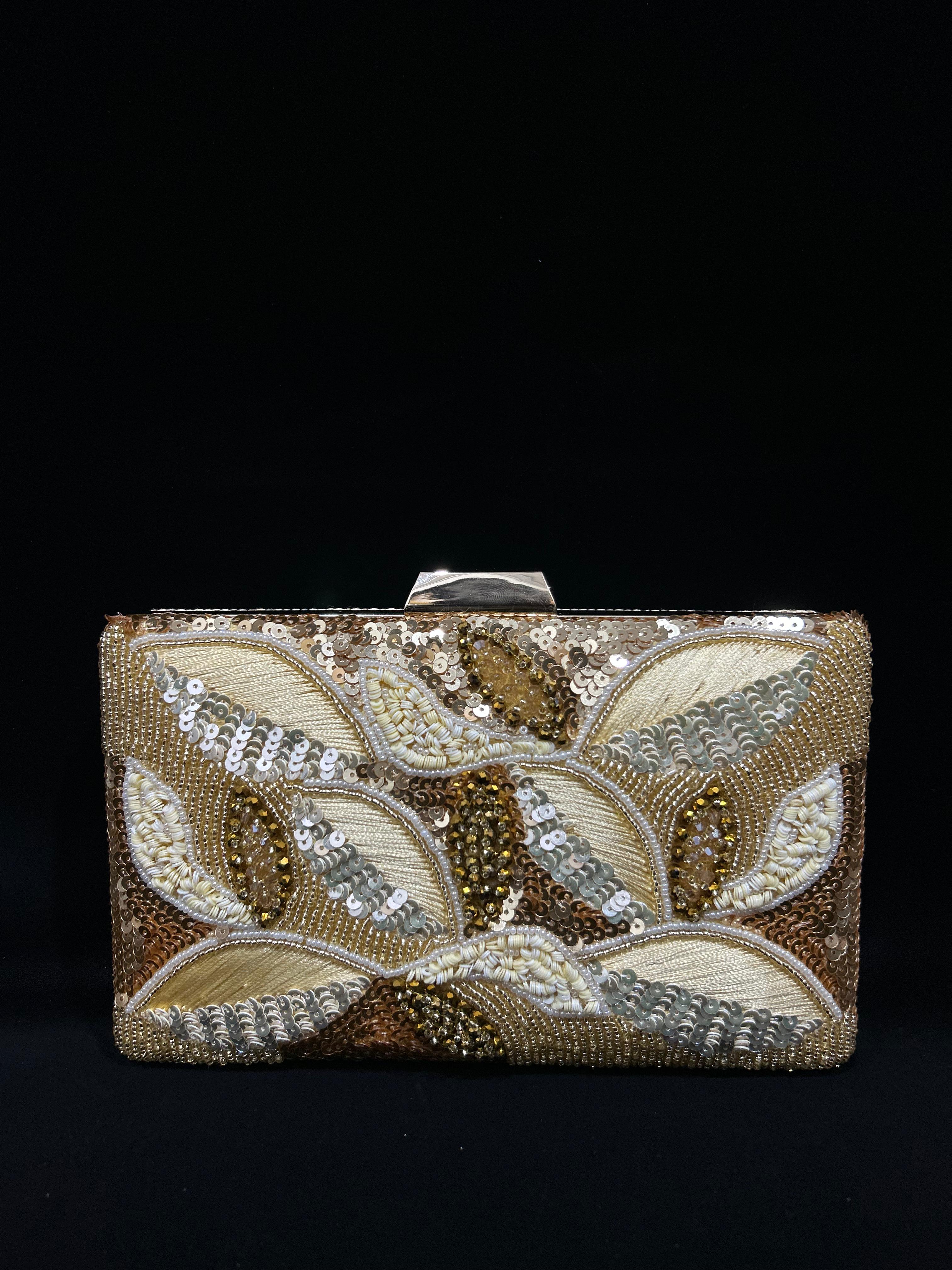 Golden Leaf Hand-Embroidered Sequin Clutch