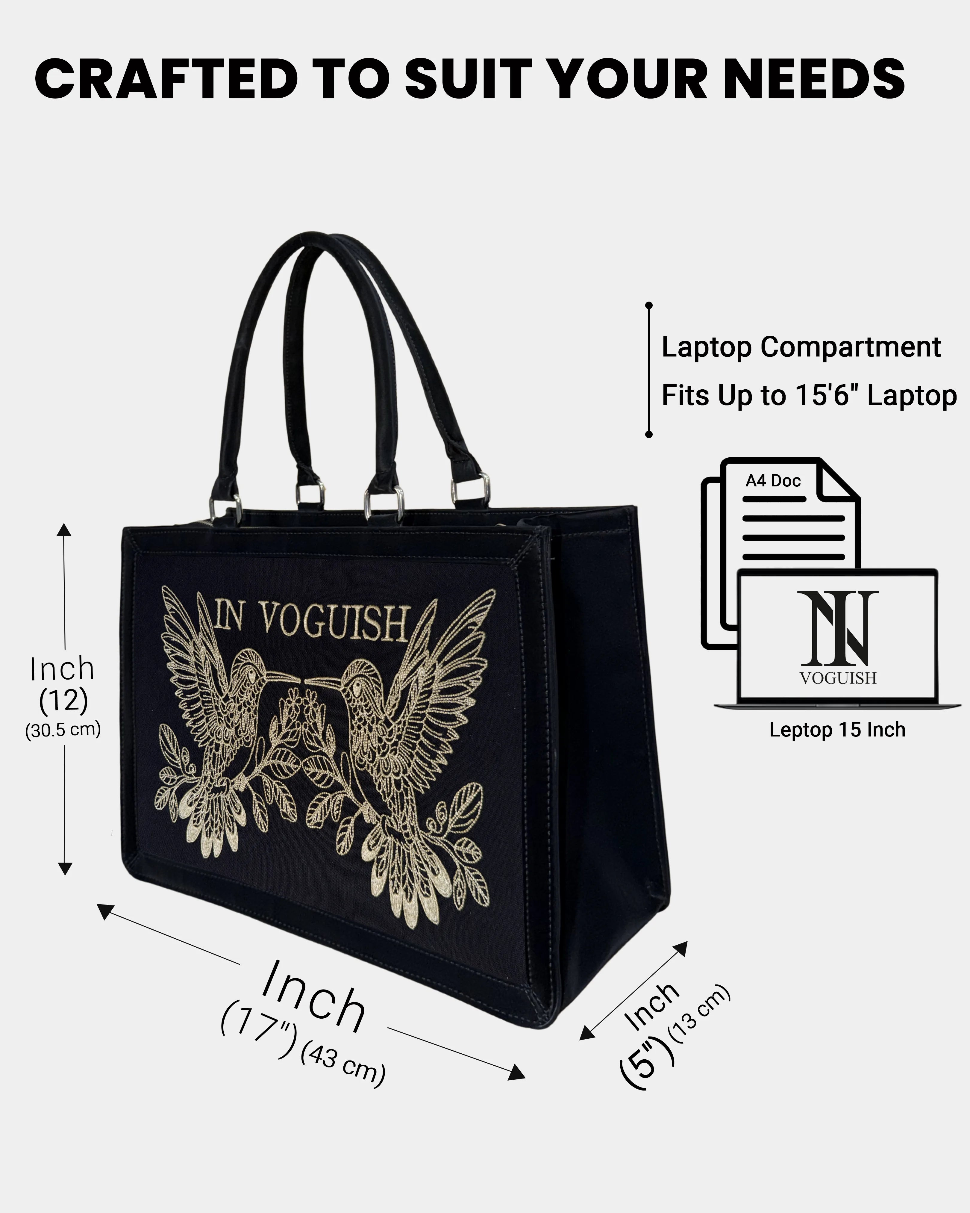 Midnight Hummingbird Personalized Embroidered Tote Bag – Suede Feel Finish with Premium Light Beige Thread Work