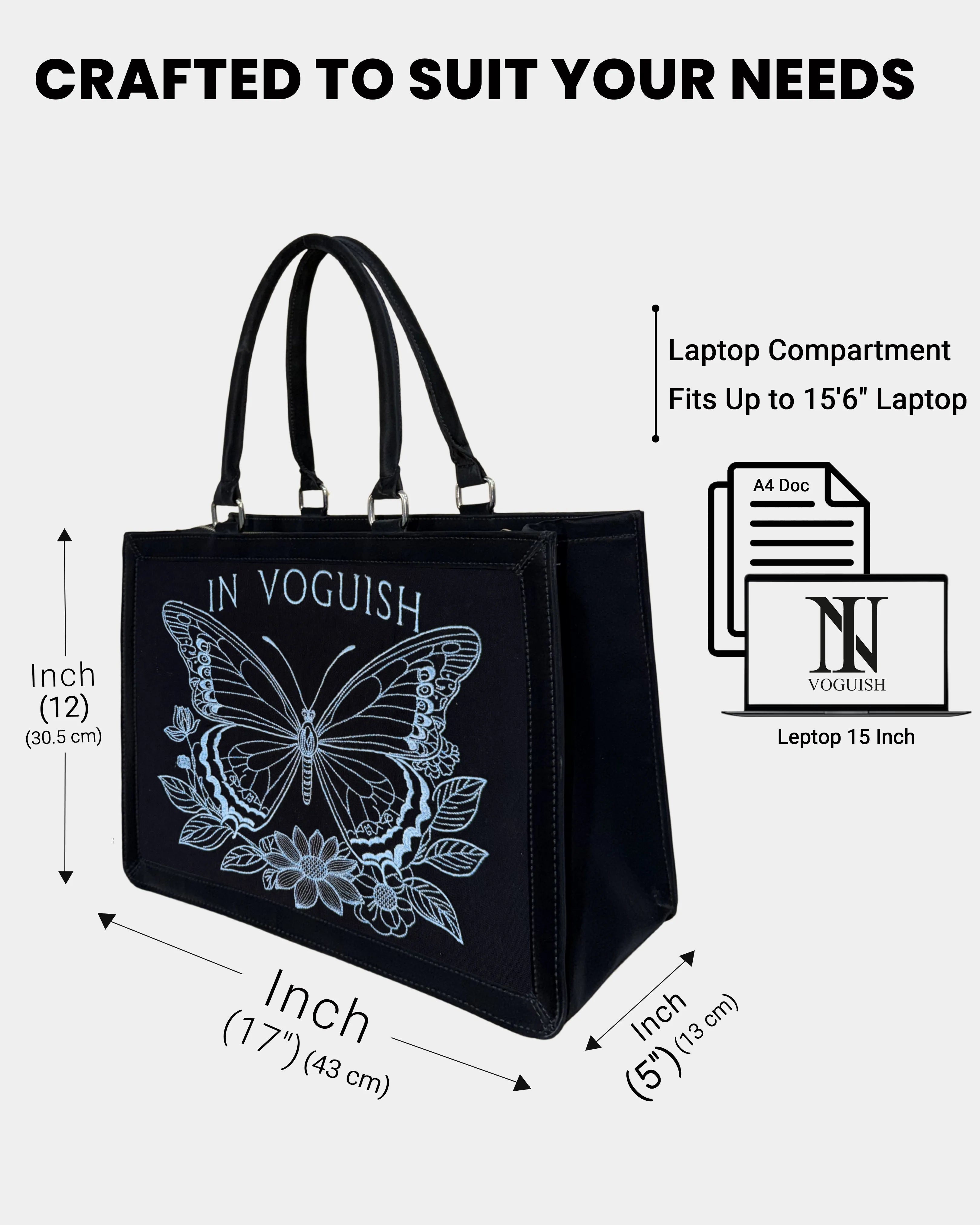 Midnight Butterfly Personalized Embroidered Tote Bag with Suede Feel & Premium Sky Blue Thread Embroidery