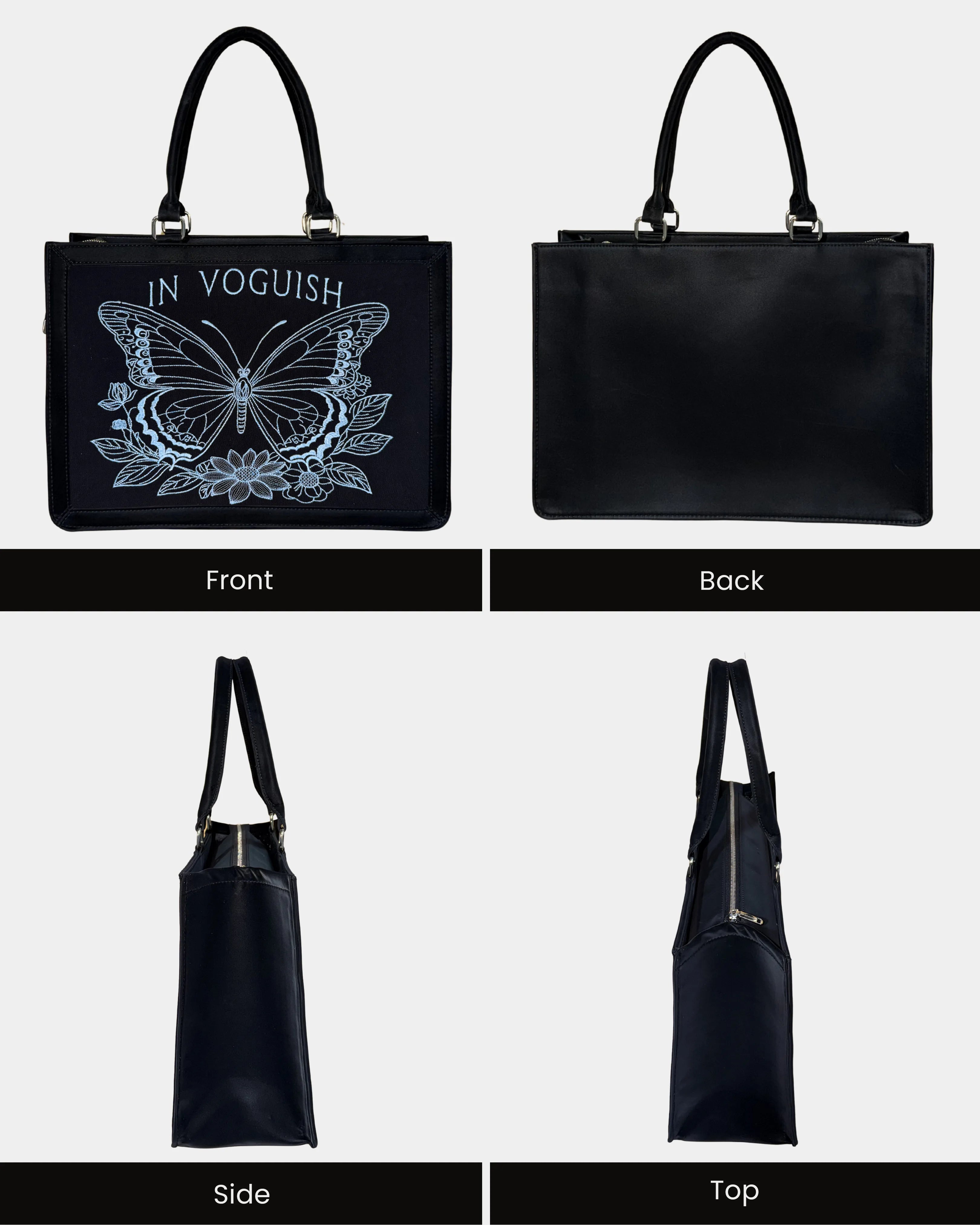 Midnight Butterfly Personalized Embroidered Tote Bag with Suede Feel & Premium Sky Blue Thread Embroidery